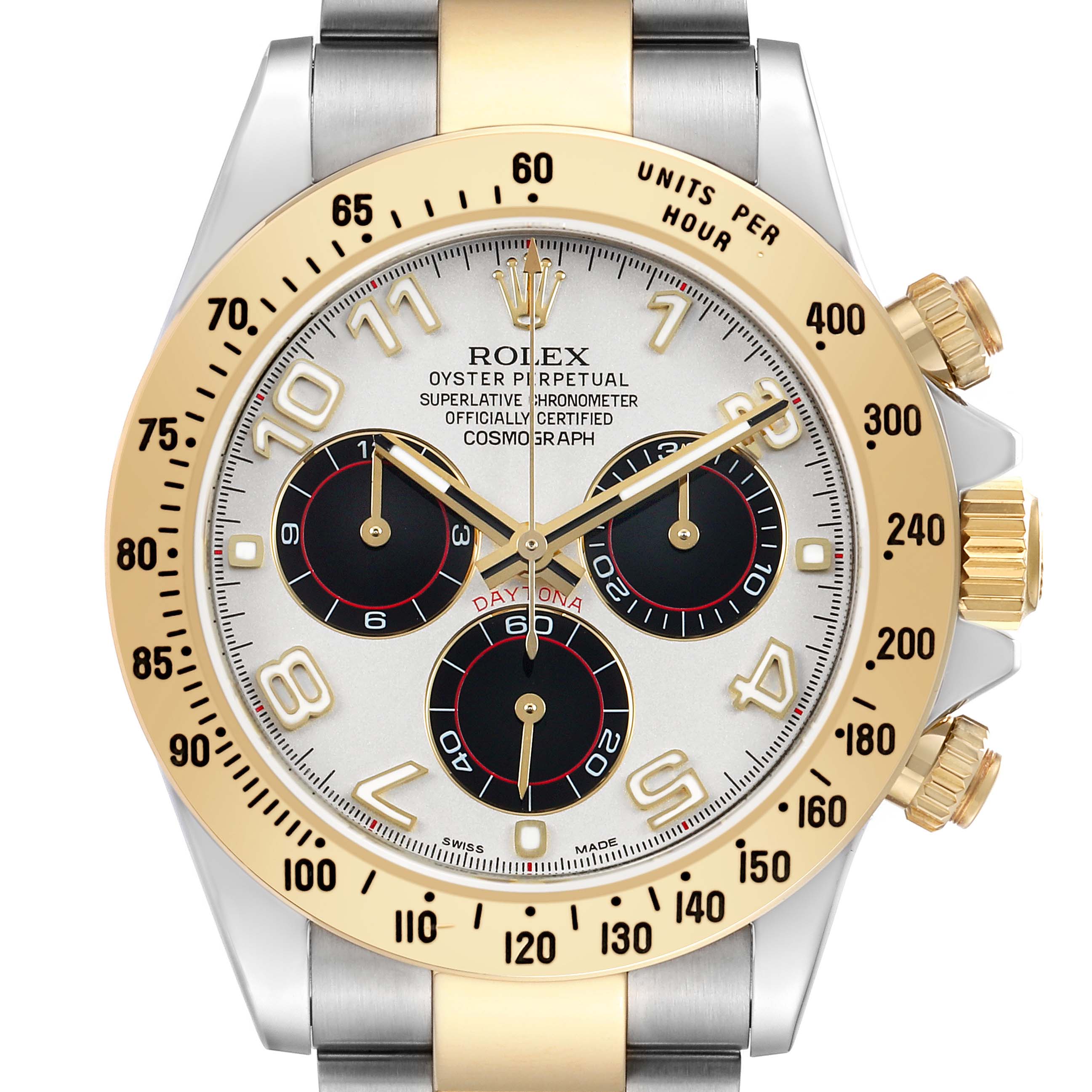The image shows a front view of a Rolex Daytona 116523 Men's Steel and Gold (two tone) Silver Dial watch, highlighting the dial, bezel, sub-dials, and crown.