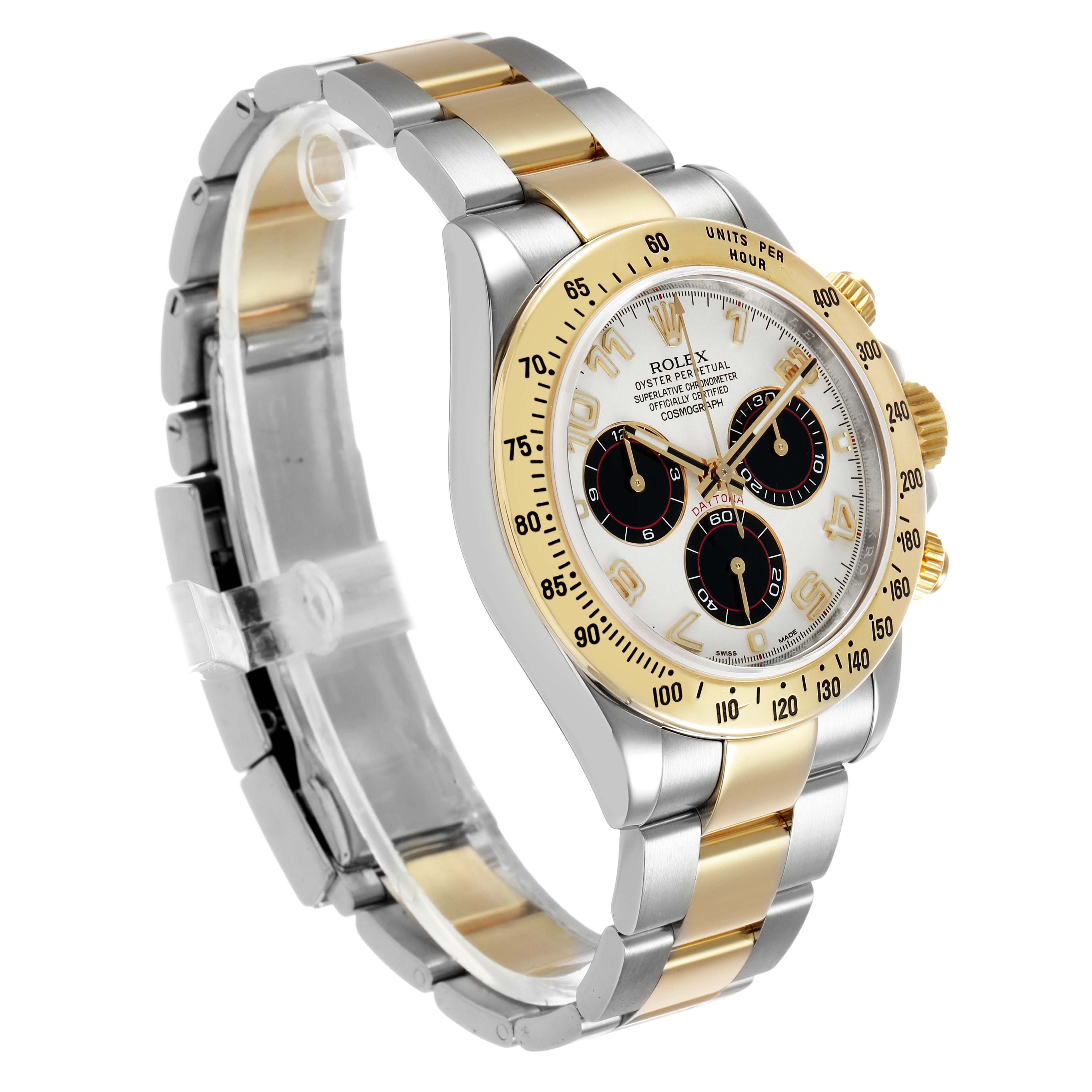 The Rolex Daytona 116523 Men's Steel and Gold (two tone) Silver Dial watch is shown at an angled view featuring its two-tone bracelet, tachymetric bezel, and subdials.
