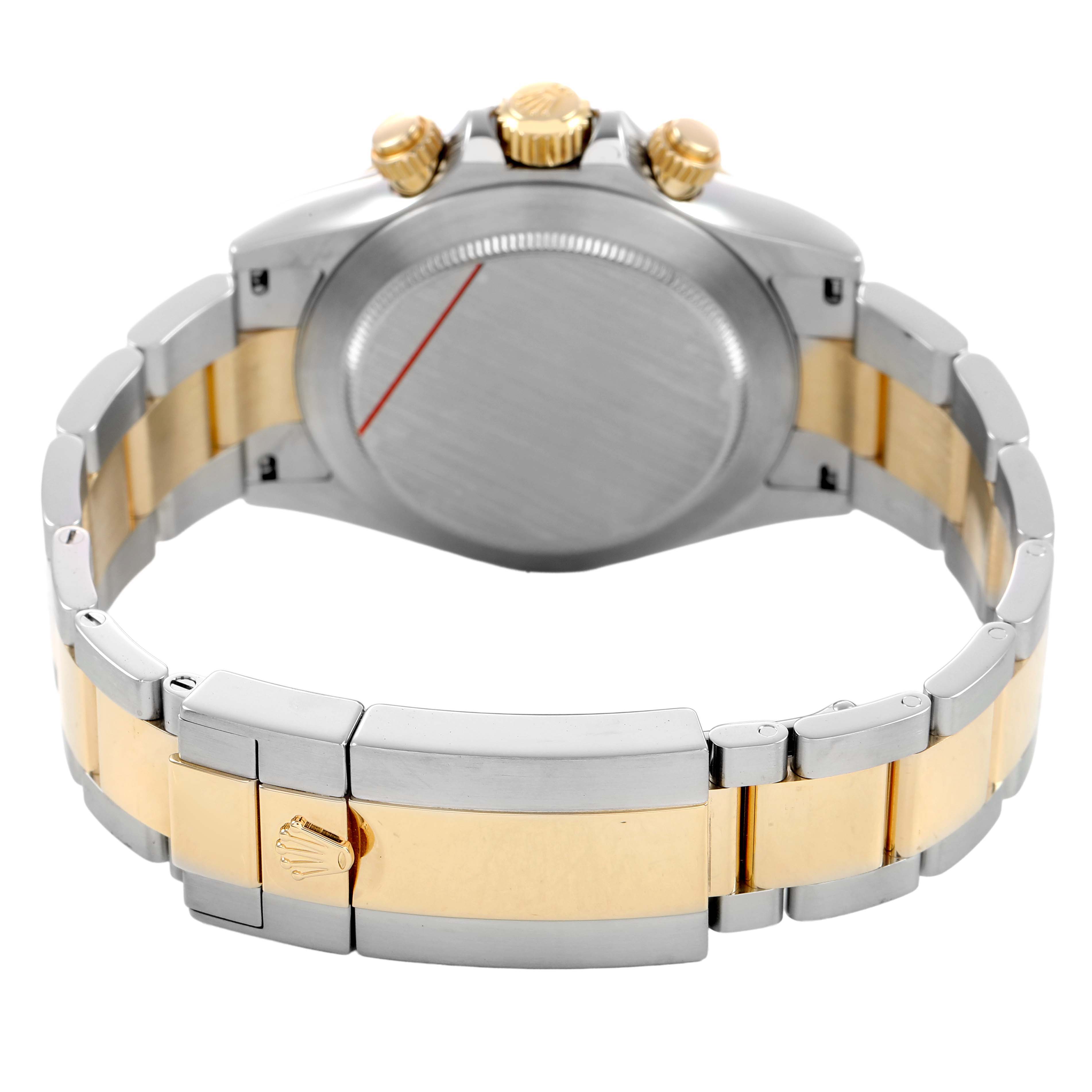 The image shows the back view of a Rolex Daytona 116523 Men's Steel and Gold (two tone) Silver Dial, highlighting the clasp, bracelet, and case back.
