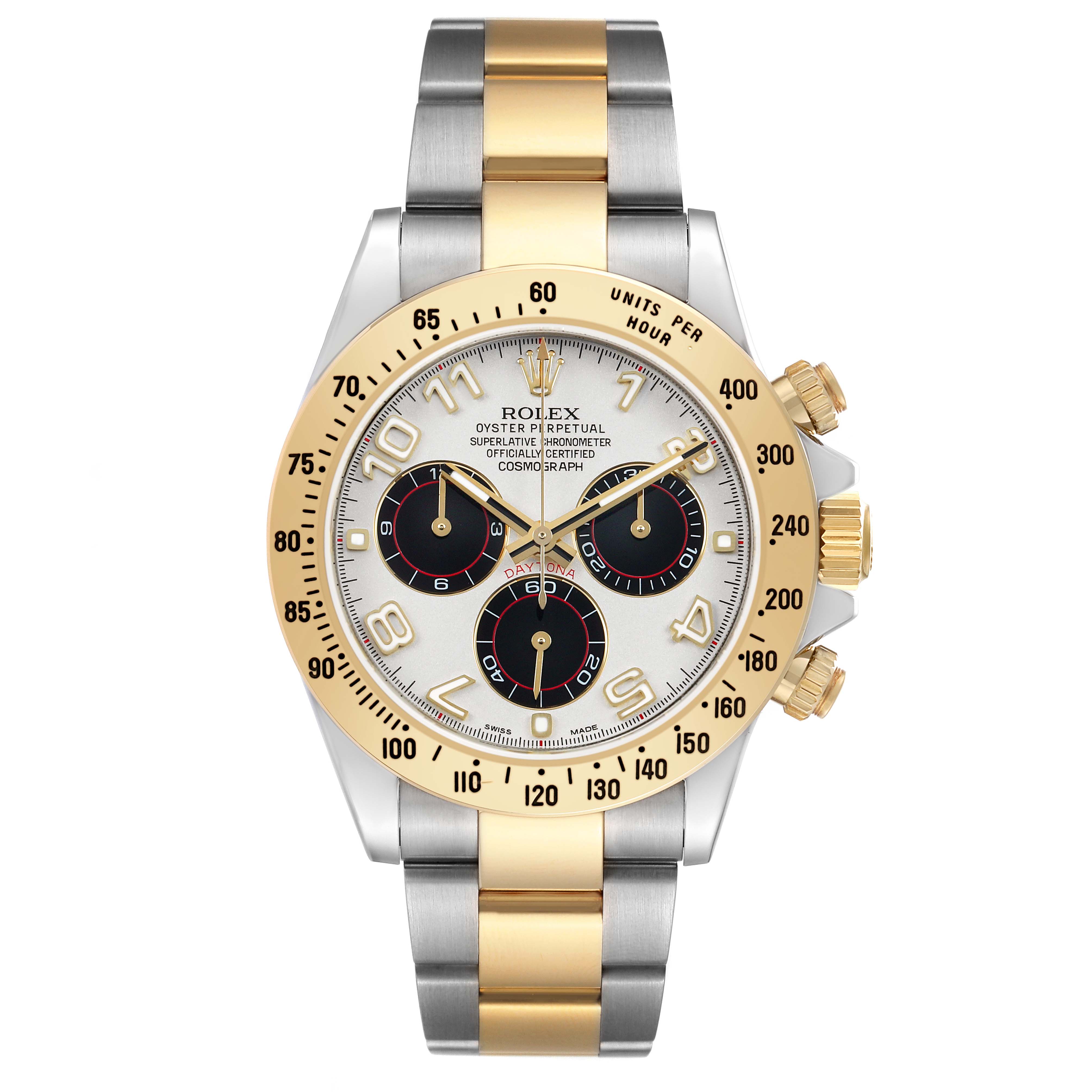 The image shows a Rolex Daytona 116523 Men's Steel and Gold (two tone) Silver Dial watch from a frontal angle, highlighting the dial, bezel, and bracelet.