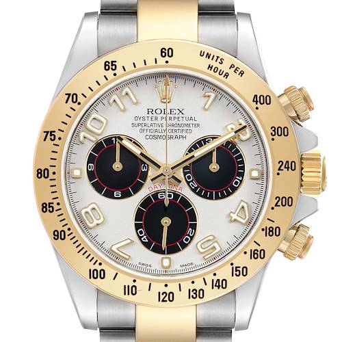 The Rolex Daytona 116523 Men's Steel and Gold (two tone) Silver Dial watch is shown from the front, displaying the dial, bezel, subdials, and crown.