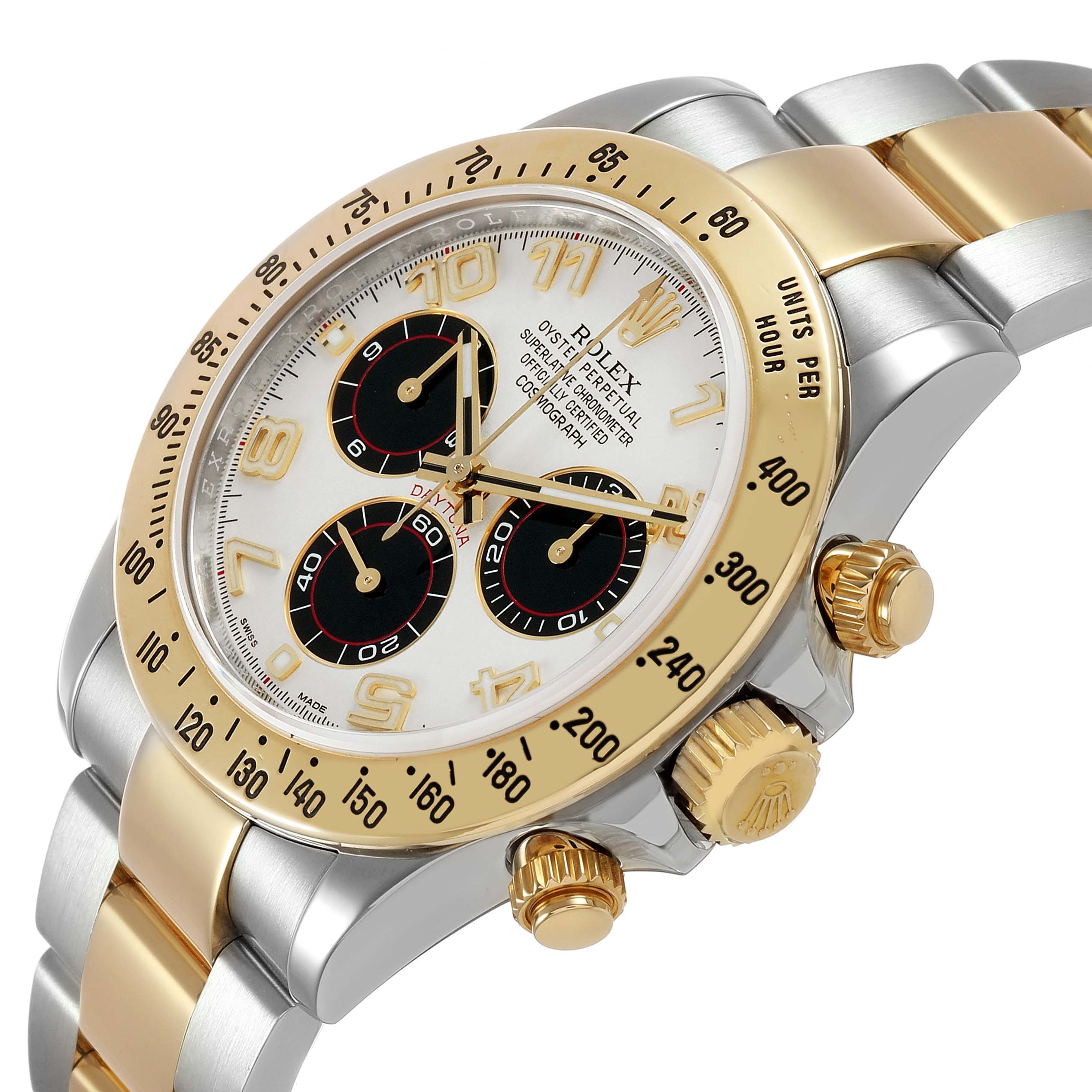 The Rolex Daytona 116523 Men's Steel and Gold (two tone) Silver Dial watch is shown at an angled side view, highlighting the dial, bezel, crown, and bracelet.