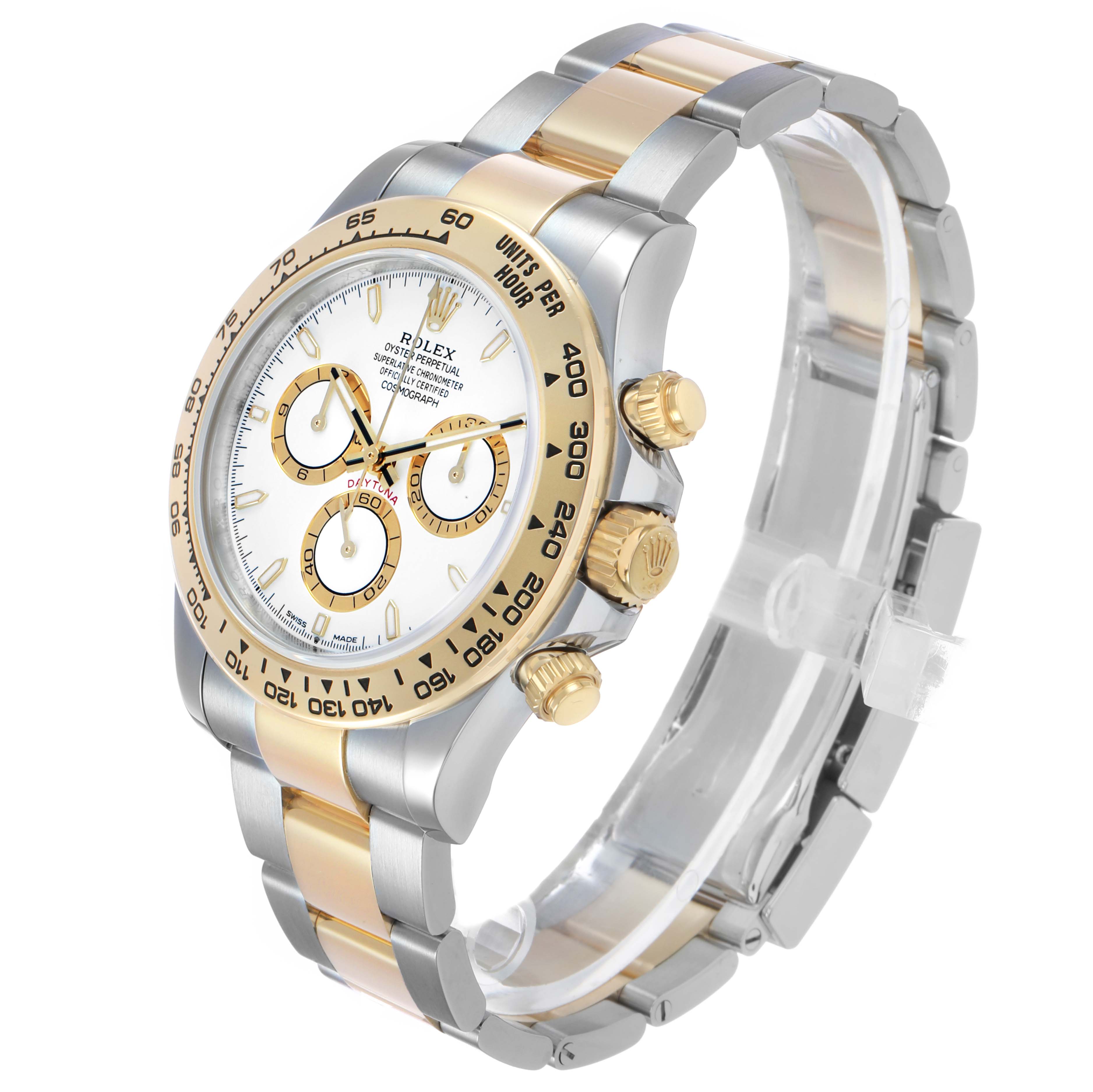 The Rolex Daytona M126503-0001 Men's Steel and Gold (two tone) White Dial watch is shown from a three-quarter angle, displaying the face, bezel, crown, and part of the bracelet.