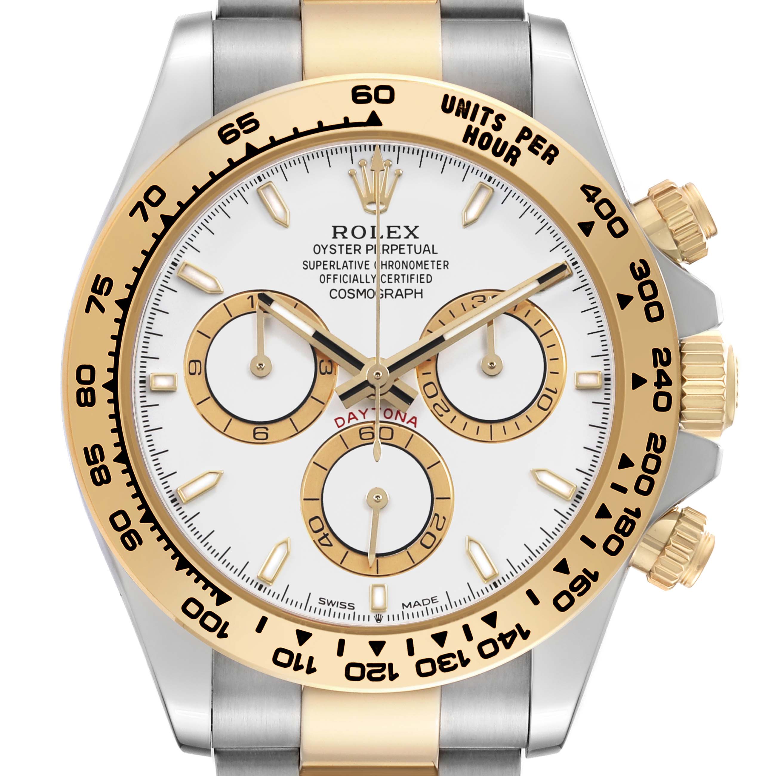 The image shows a front view of the Rolex Daytona M126503-0001 Men's Steel and Gold (two tone) White Dial watch, highlighting the dial, bezel, and pushers.