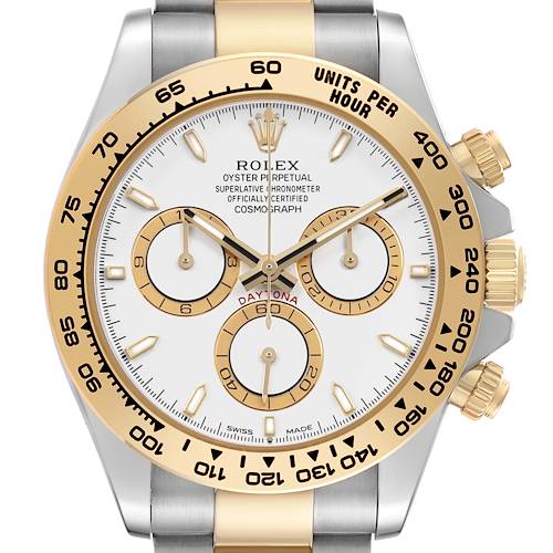 The image shows a frontal view of a Rolex Daytona M126503-0001 Men's Steel and Gold (two tone) White Dial watch, highlighting the dial, bezel, and subdials.