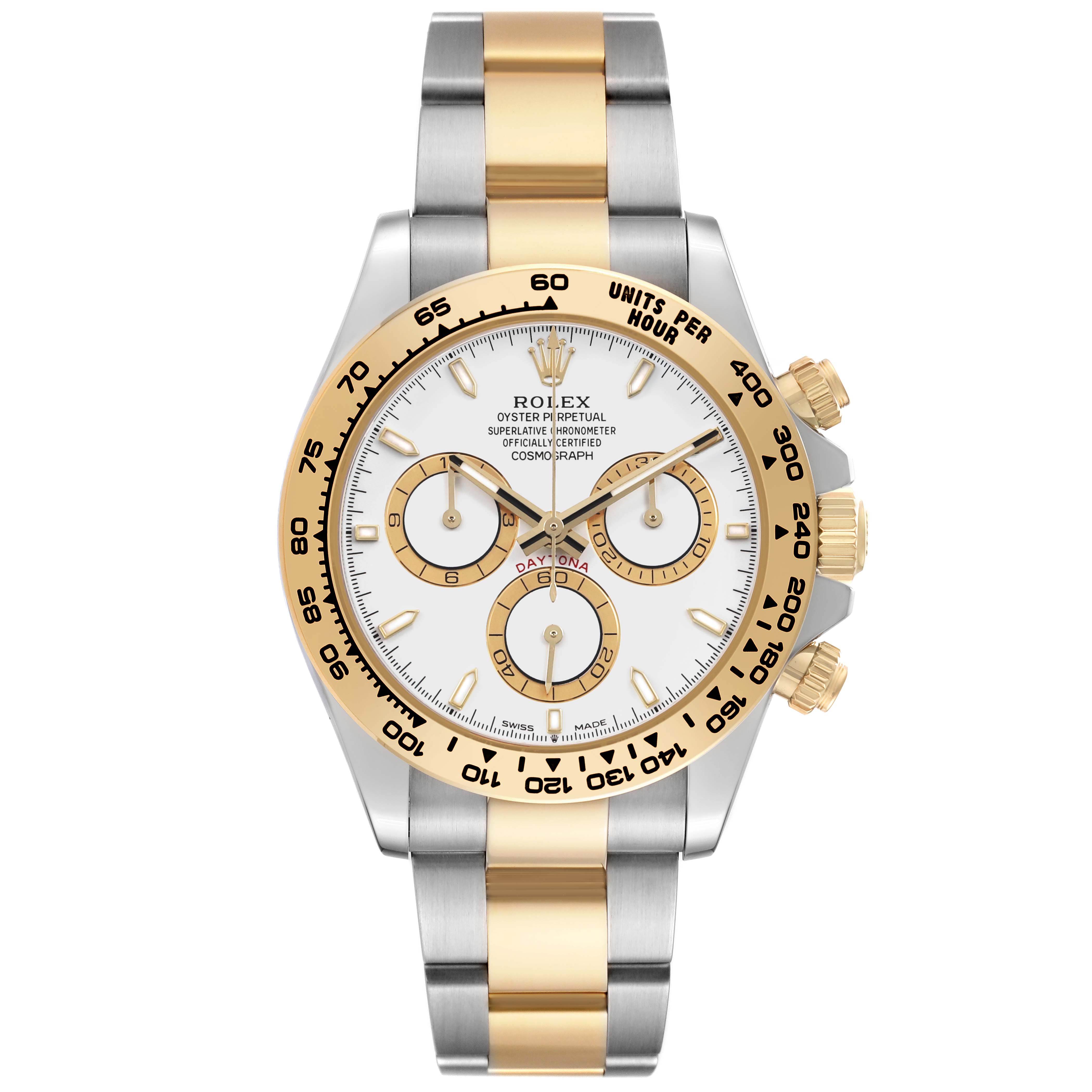 The Rolex Daytona M126503-0001 Men's Steel and Gold (two tone) White Dial watch is shown from a top-down angle, highlighting the face, bezel, and bracelet.