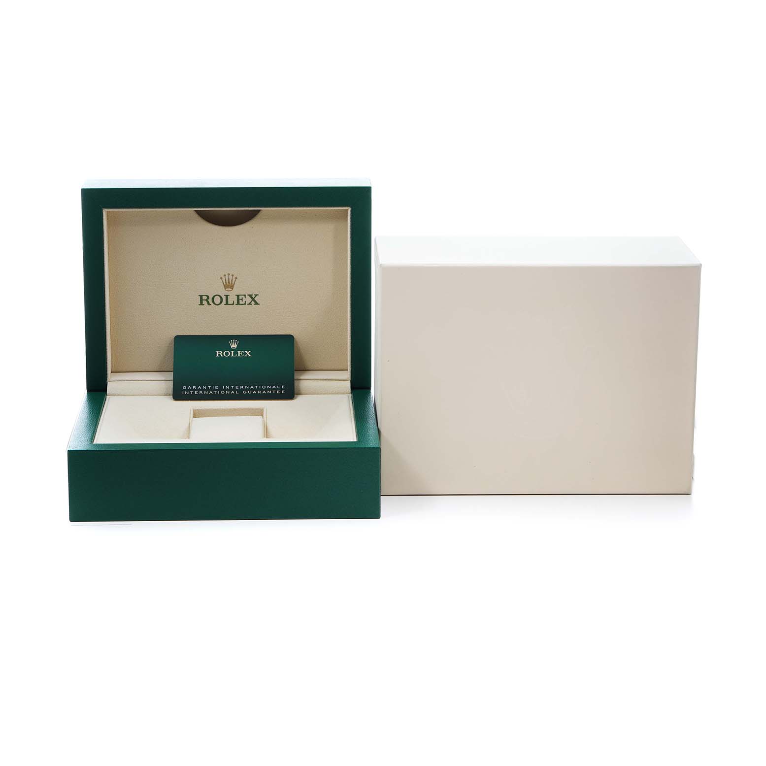 The image shows a Rolex Daytona M126503-0001 Men's Steel and Gold (two tone) White Dial watch box with its interior and warranty card, alongside an outer box.