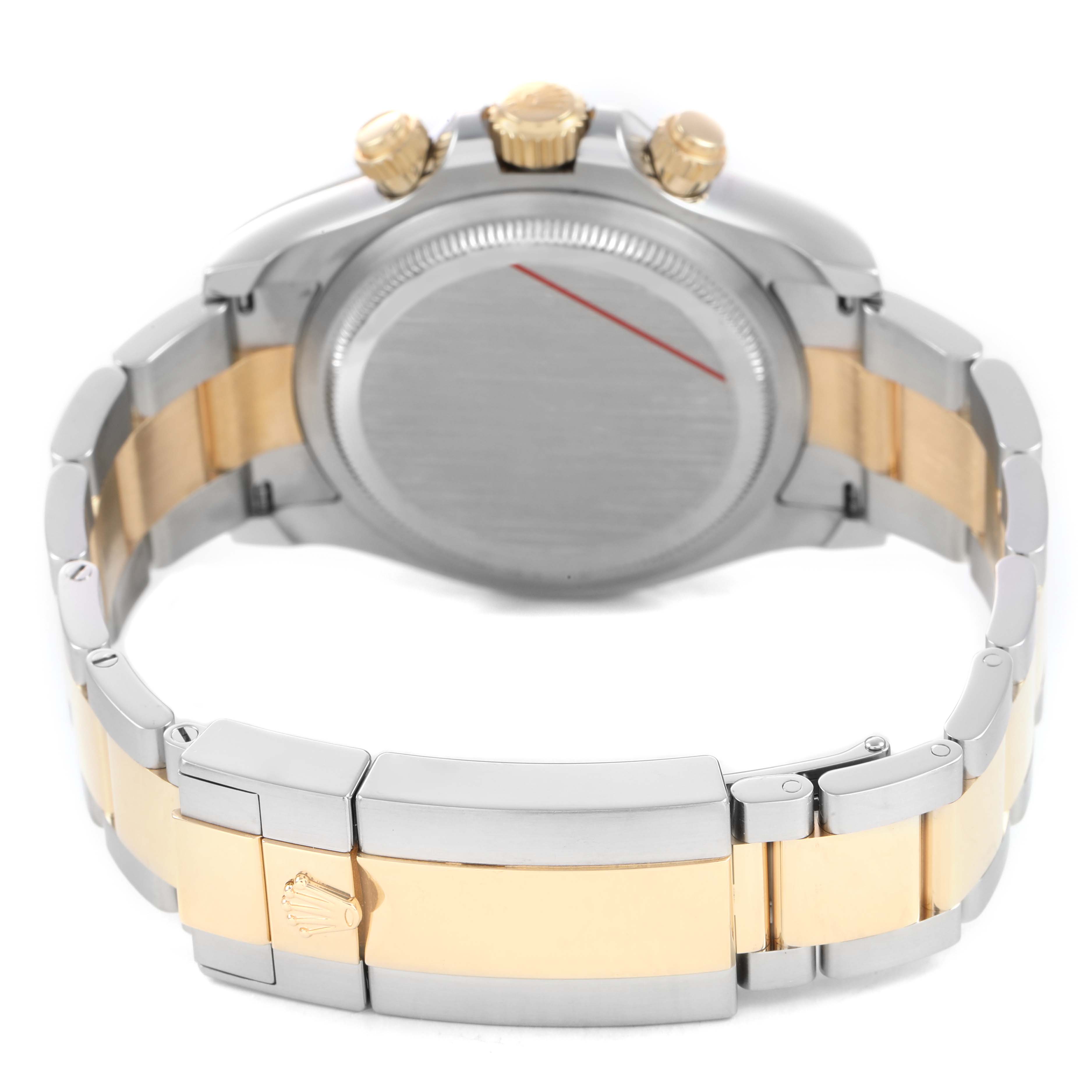 The image shows the back view of a Rolex Daytona M126503-0001 Men's Steel and Gold (two tone) White Dial watch, highlighting the bracelet, clasp, and crown.