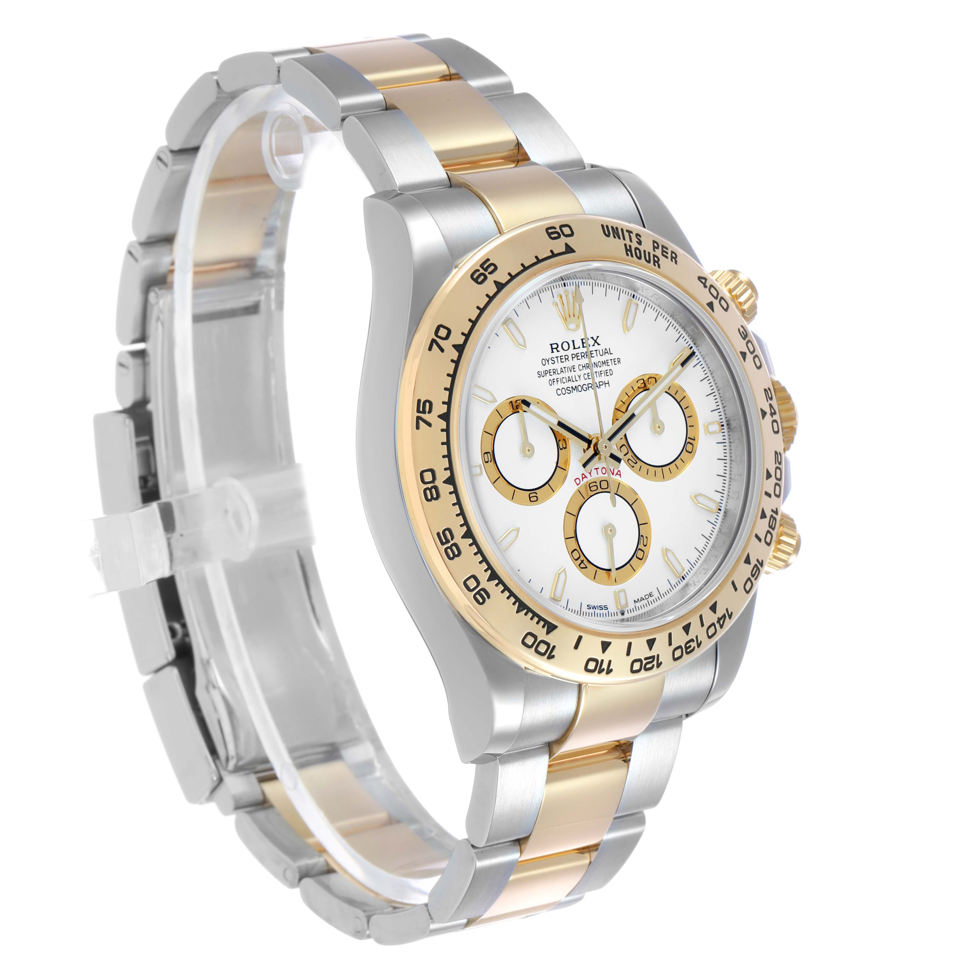 The Rolex Daytona M126503-0001 Men's Steel and Gold (two tone) White Dial watch is shown at a three-quarter angle, highlighting the dial, bezel, and two-tone bracelet.