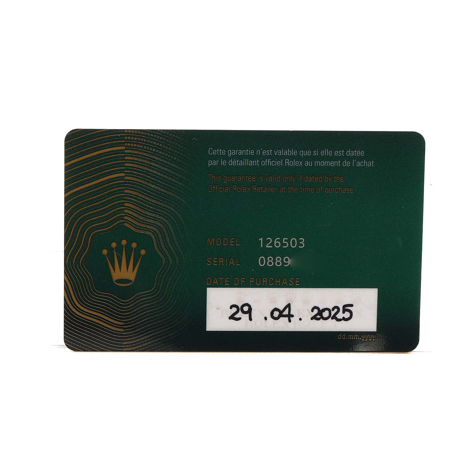 The image shows the warranty card for a Rolex Daytona M126503-0001 Men's Steel and Gold (two tone) White Dial, detailing model and serial numbers.