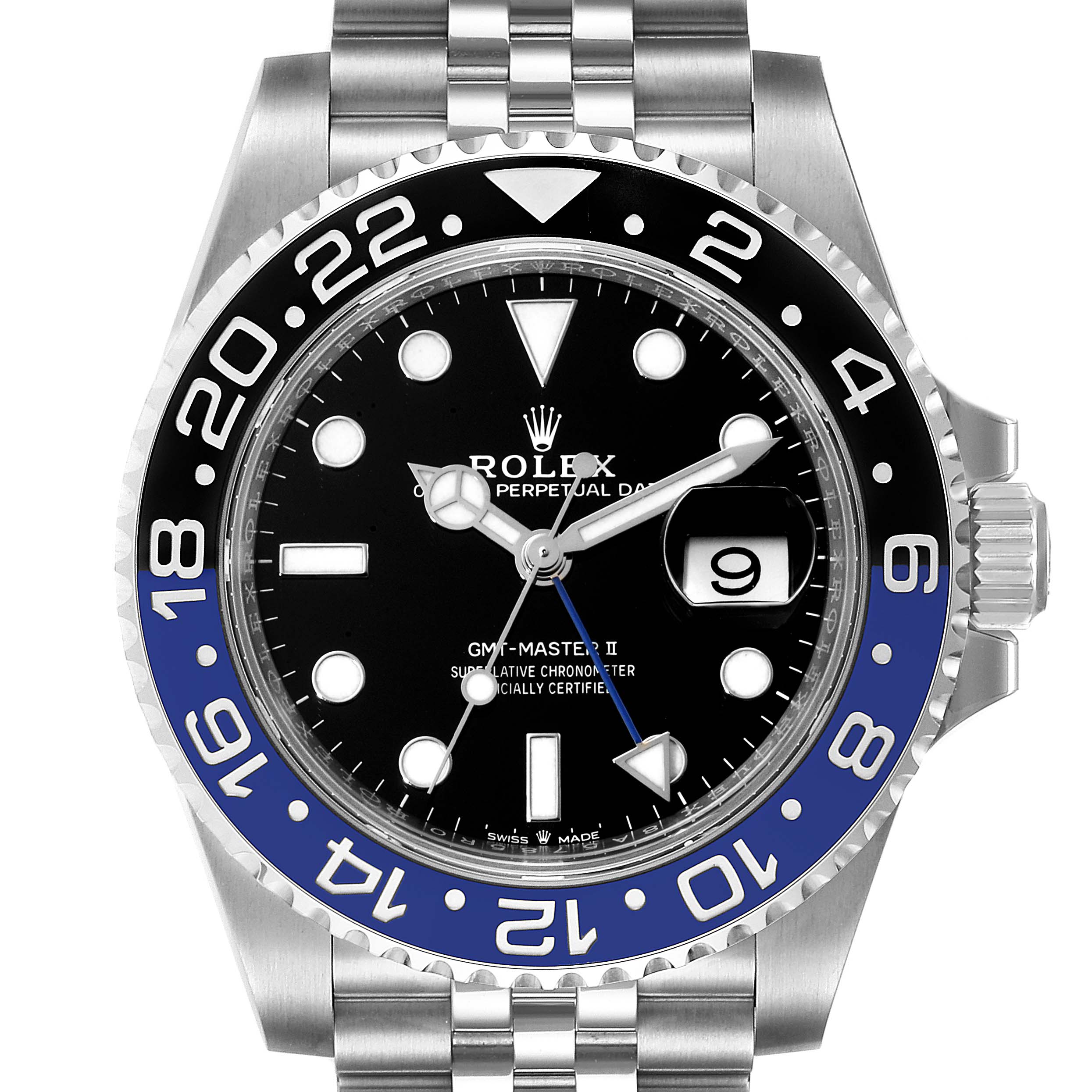 The image shows a front view of the Rolex GMT-Master 126710 Men
s Stainless Steel Black Dial 126710 Men
s Stainless Steel Black Dial II watch featuring a black and blue bezel, black dial, date window, and jubilee bracelet.