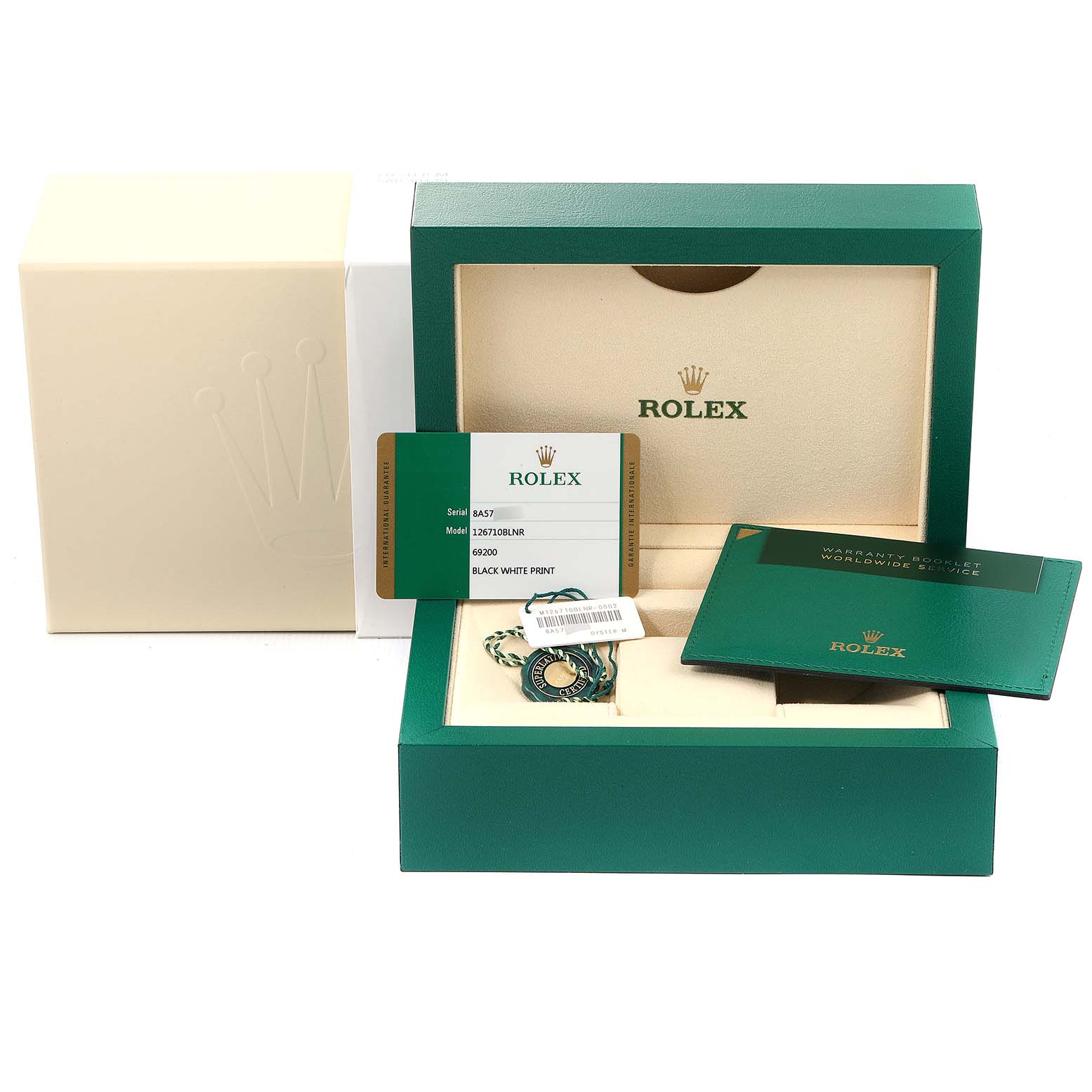 The image shows a Rolex GMT-Master 126710 Men
s Stainless Steel Black Dial 126710 Men
s Stainless Steel Black Dial box, warranty card, tag, and accessories, viewed from the front.