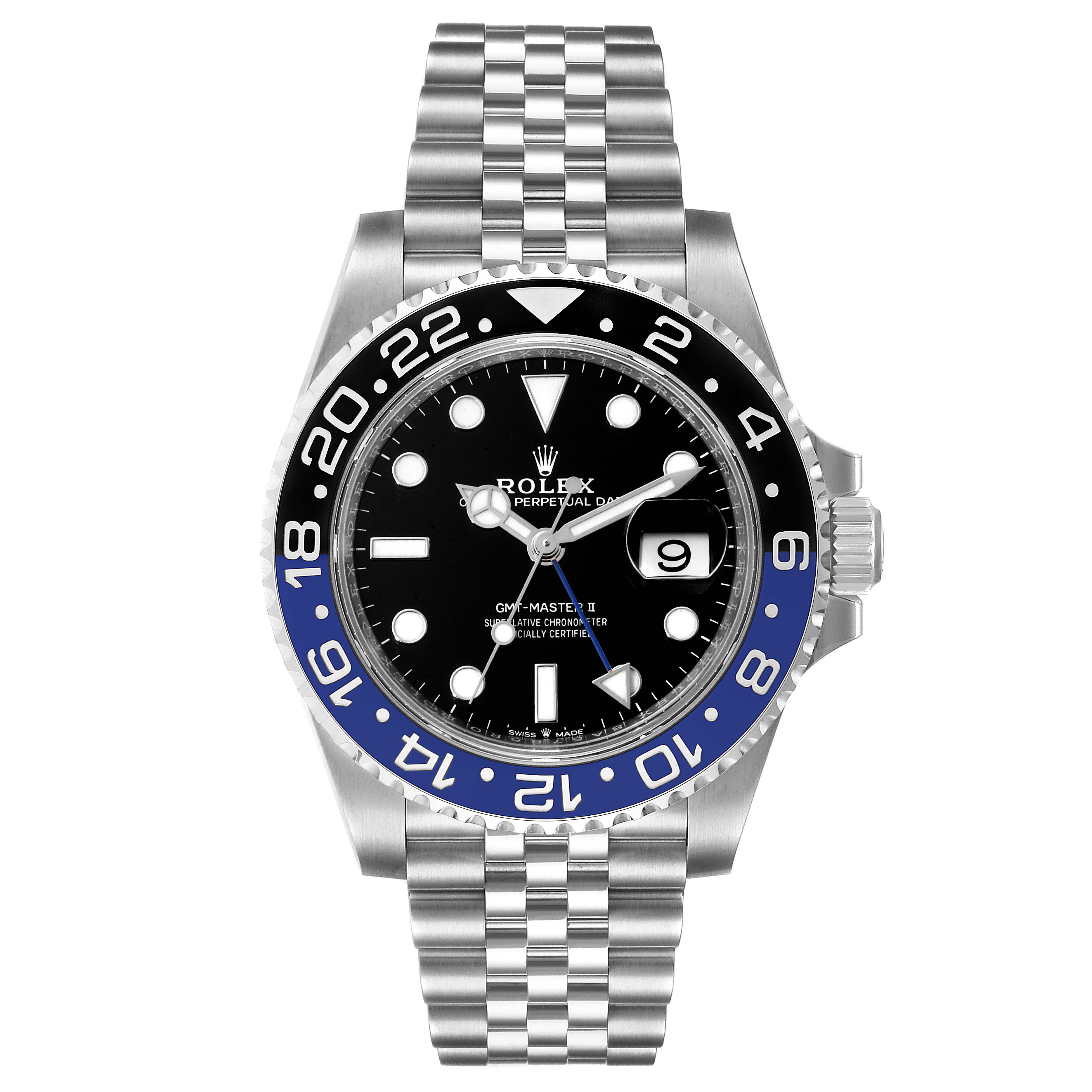 This image shows a front view of the Rolex GMT-Master 126710 Men
s Stainless Steel Black Dial 126710 Men
s Stainless Steel Black Dial II, featuring its bezel, dial, and Jubilee bracelet.