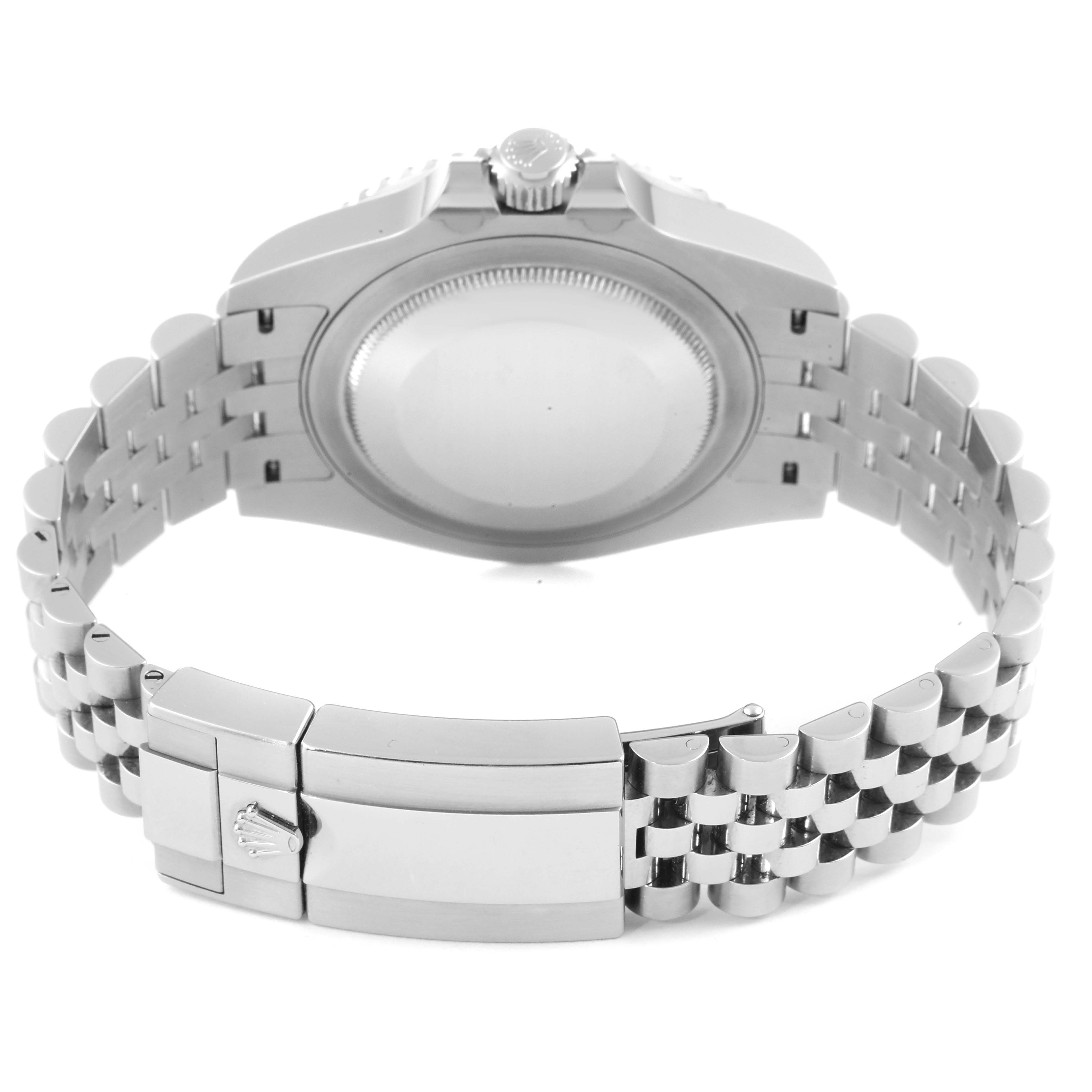 The image shows the rear view of the Rolex GMT-Master 126710 Men
s Stainless Steel Black Dial 126710 Men
s Stainless Steel Black Dial watch, highlighting its stainless steel case back and bracelet.