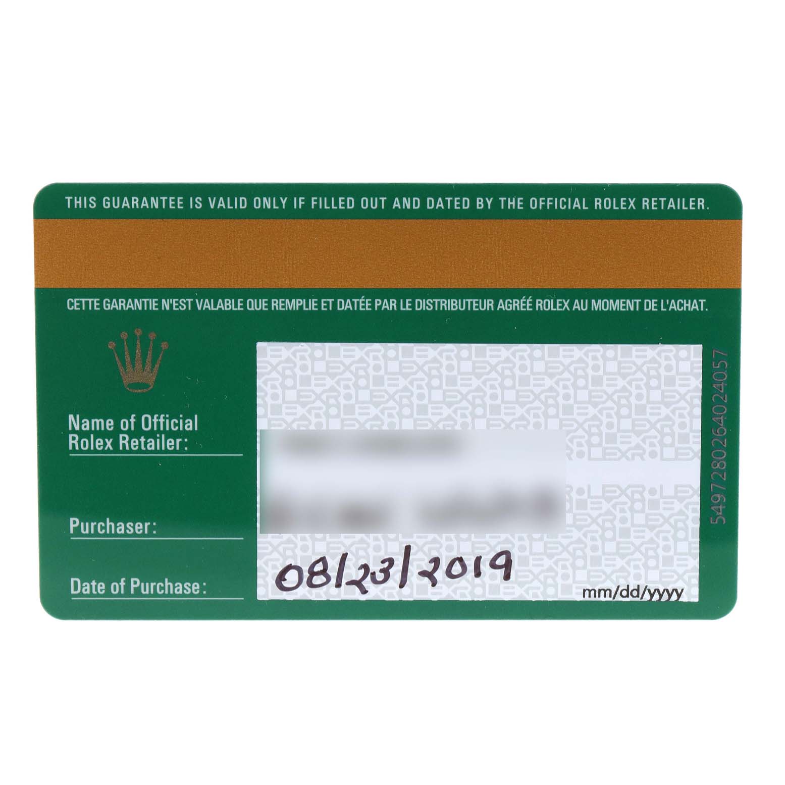 The image shows a warranty card for a Rolex GMT-Master 126710 Men
s Stainless Steel Black Dial 126710 Men
s Stainless Steel Black Dial watch.