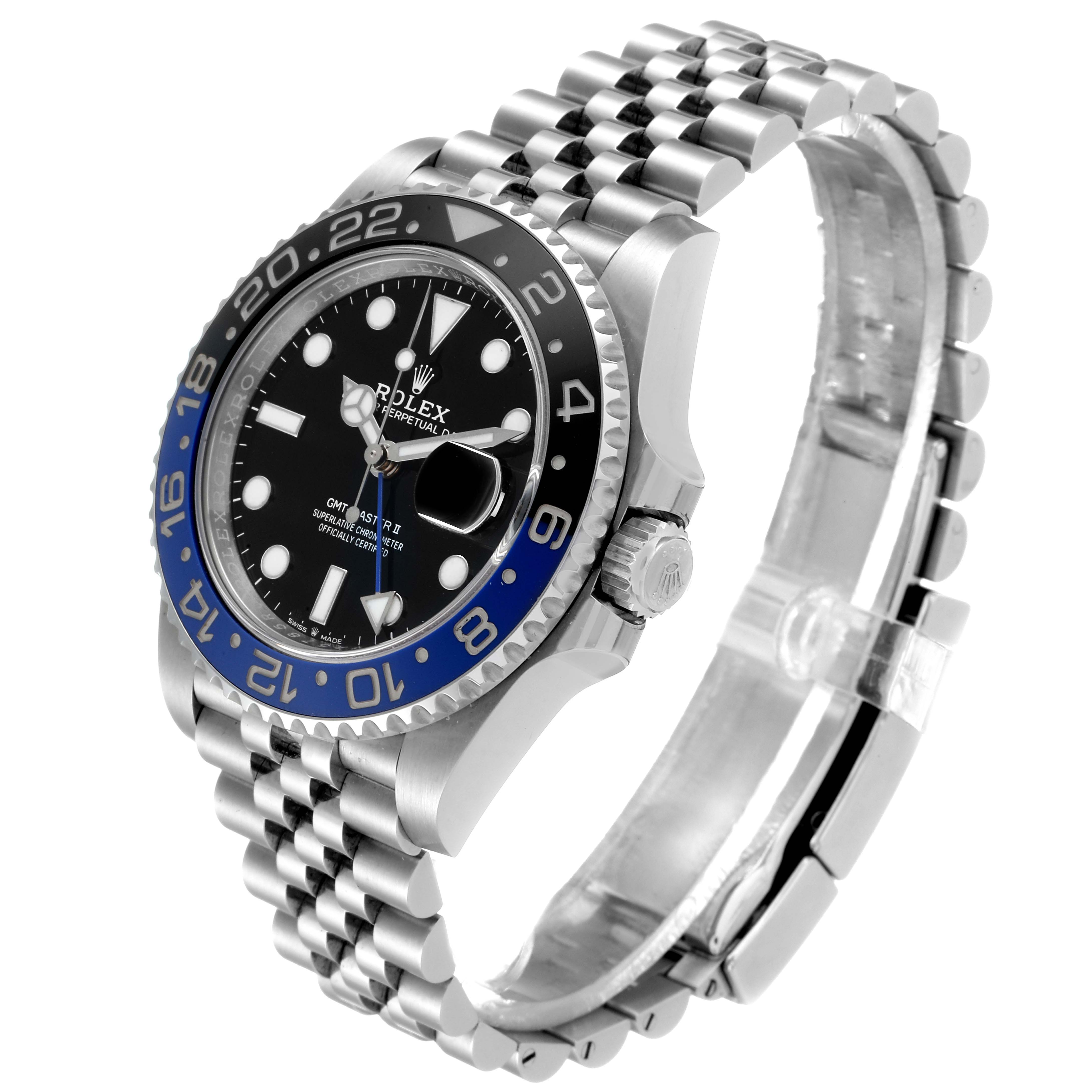 This image shows a Rolex GMT-Master 126710 Men
s Stainless Steel Black Dial 126710 Men
s Stainless Steel Black Dial watch angled to display the watch face, bezel, crown, and bracelet.