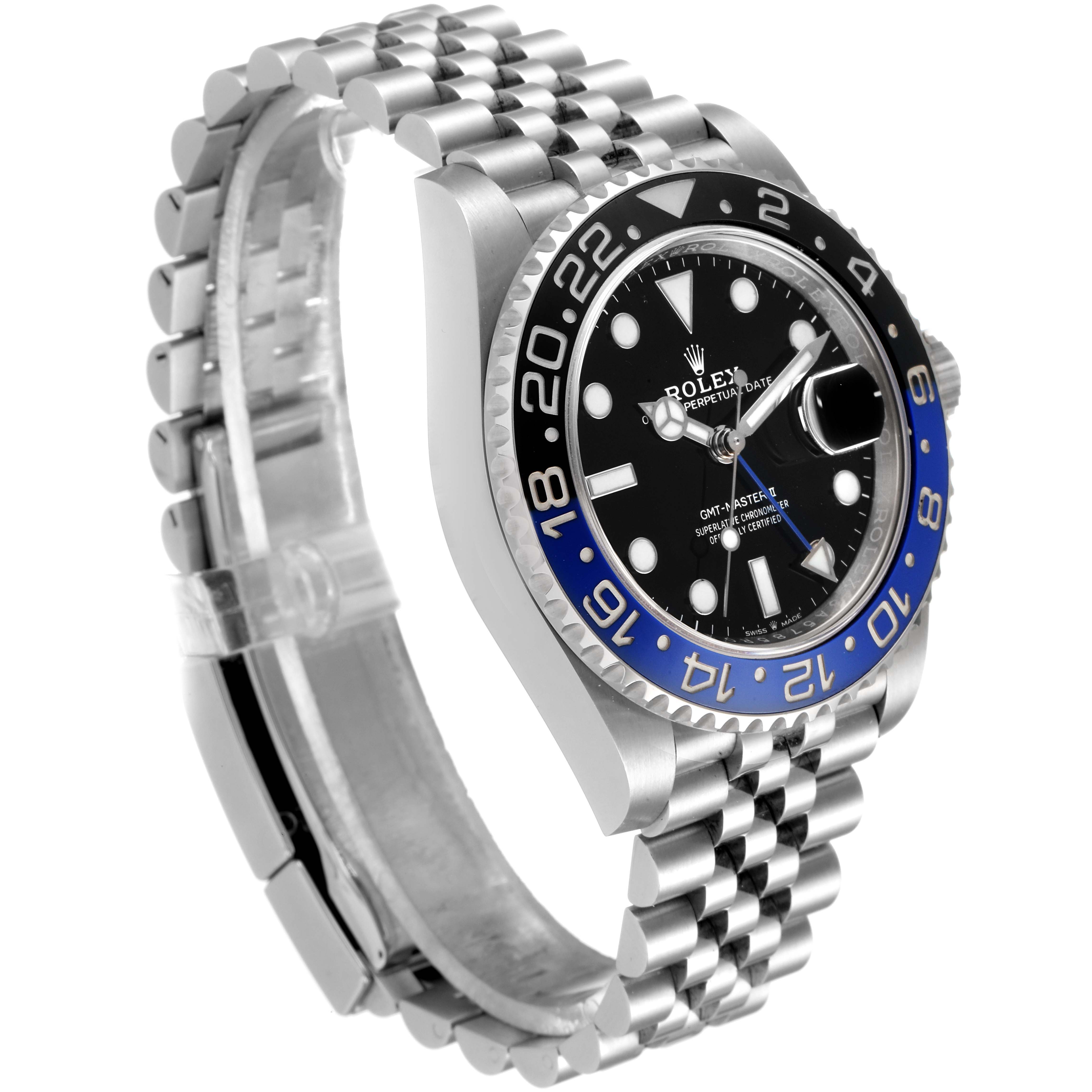 The Rolex GMT-Master 126710 Men
s Stainless Steel Black Dial 126710 Men
s Stainless Steel Black Dial watch is shown from a three-quarter angle, displaying its dial, bezel, and Jubilee bracelet.