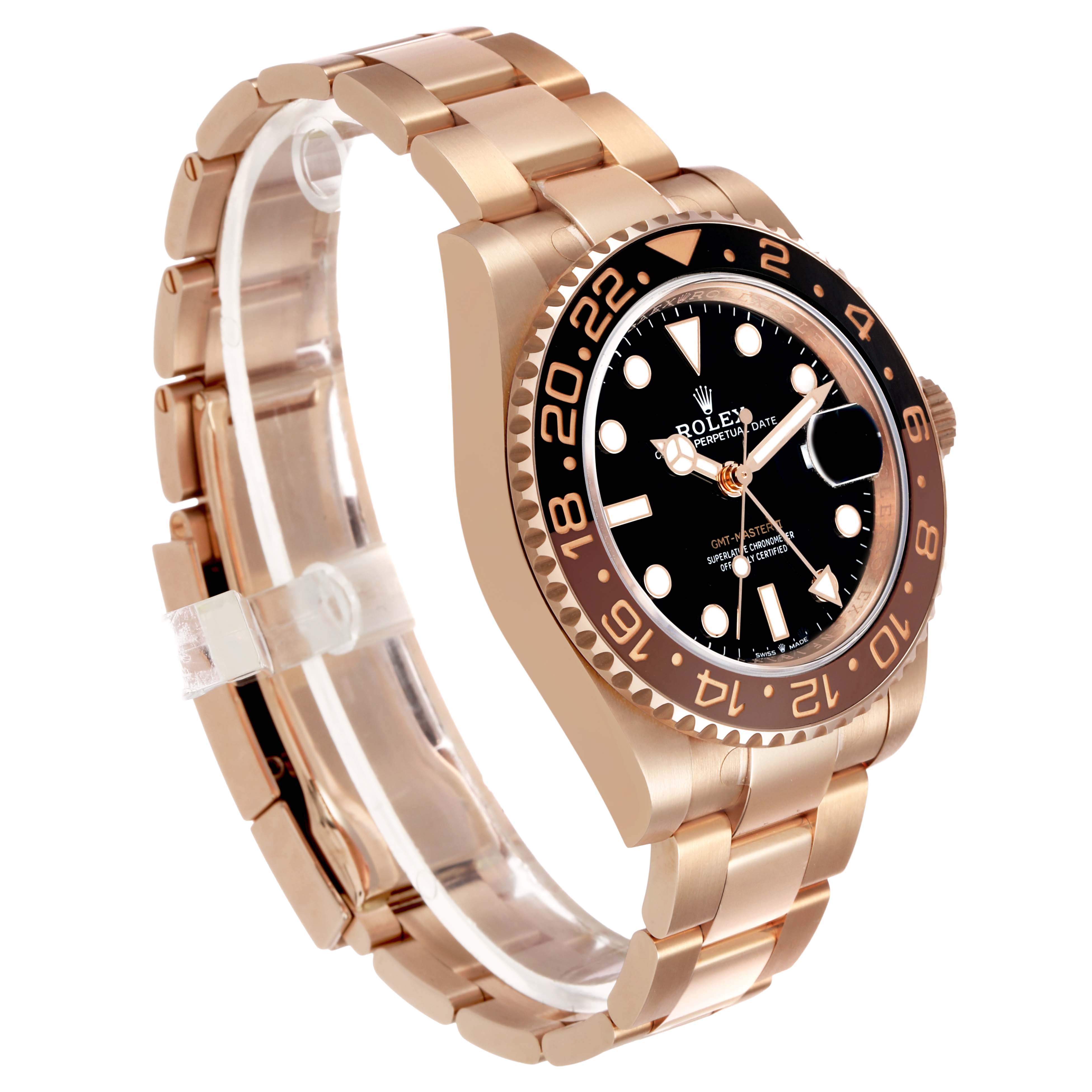 The Rolex GMT-Master 126715 Men's Rose Gold Black Dial watch is shown at a three-quarter angle, highlighting the bezel, dial, crown, and bracelet.
