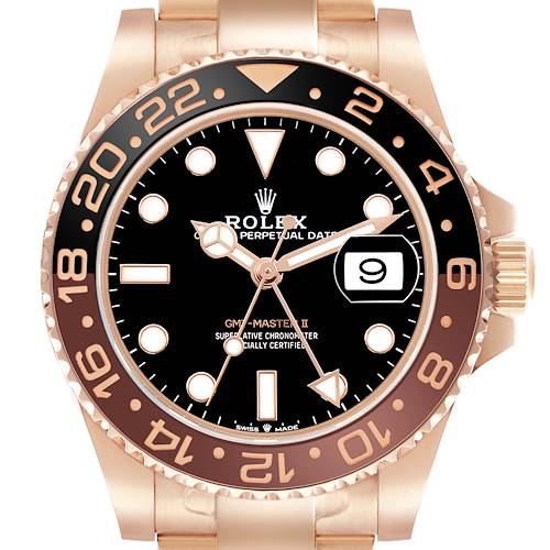 The Rolex GMT-Master 126715 Men's Rose Gold Black Dial II watch is shown from a front view, displaying the bezel, dial, hands, and date window.