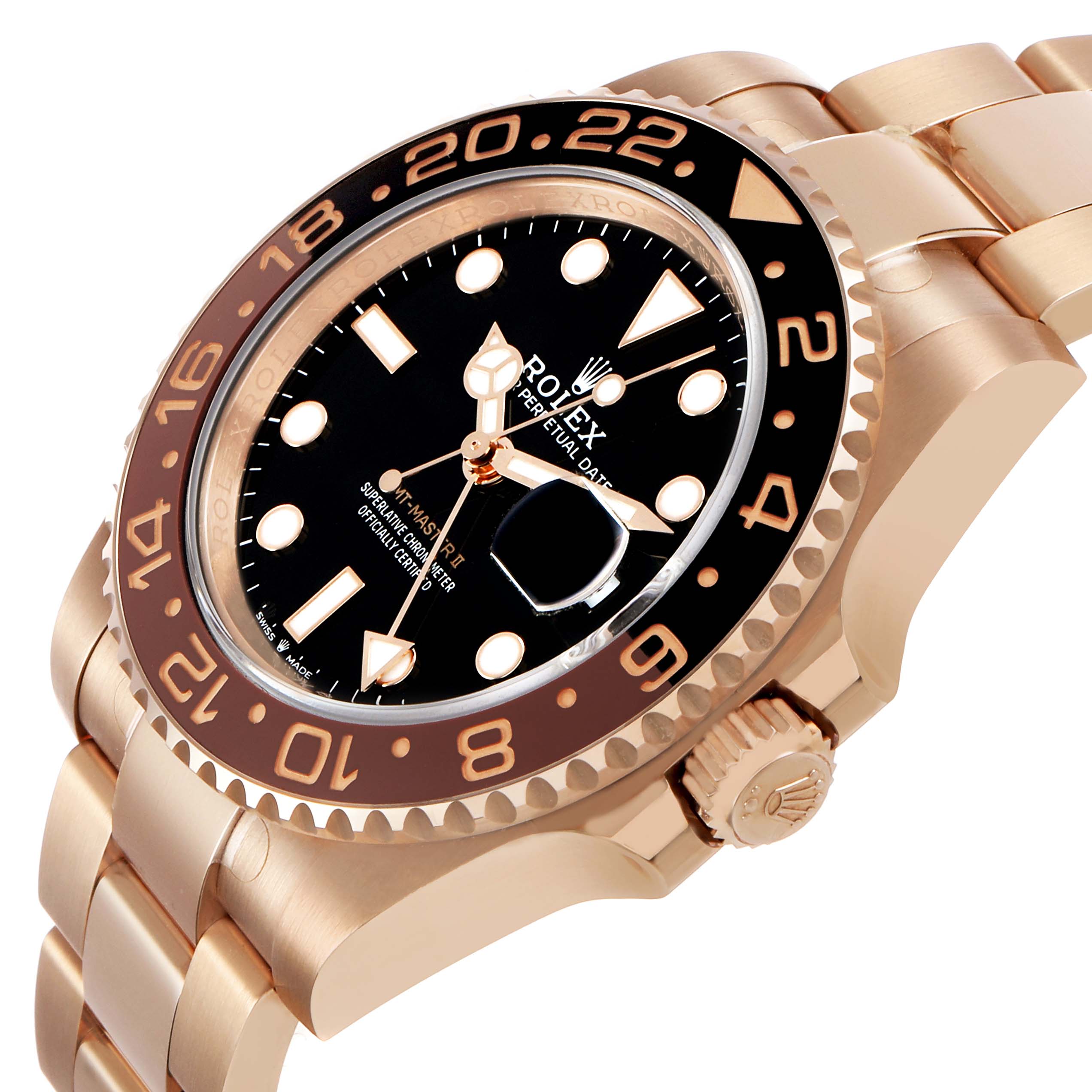 The Rolex GMT-Master 126715 Men's Rose Gold Black Dial watch is shown at a three-quarter angle highlighting the face, bezel, crown, and part of the bracelet.