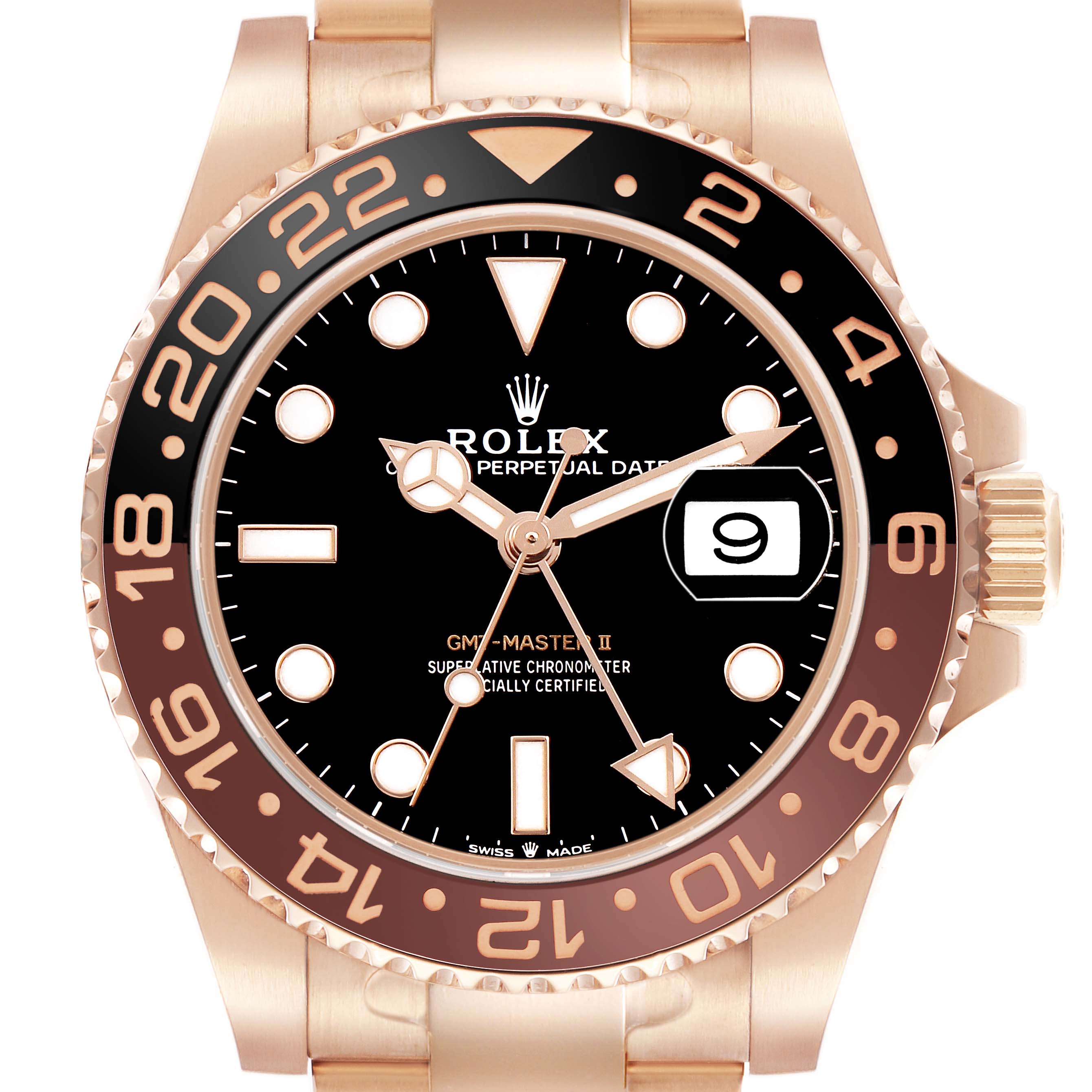 The Rolex GMT-Master 126715 Men's Rose Gold Black Dial II watch is shown from a front angle, highlighting the bezel, dial, hands, and date feature.