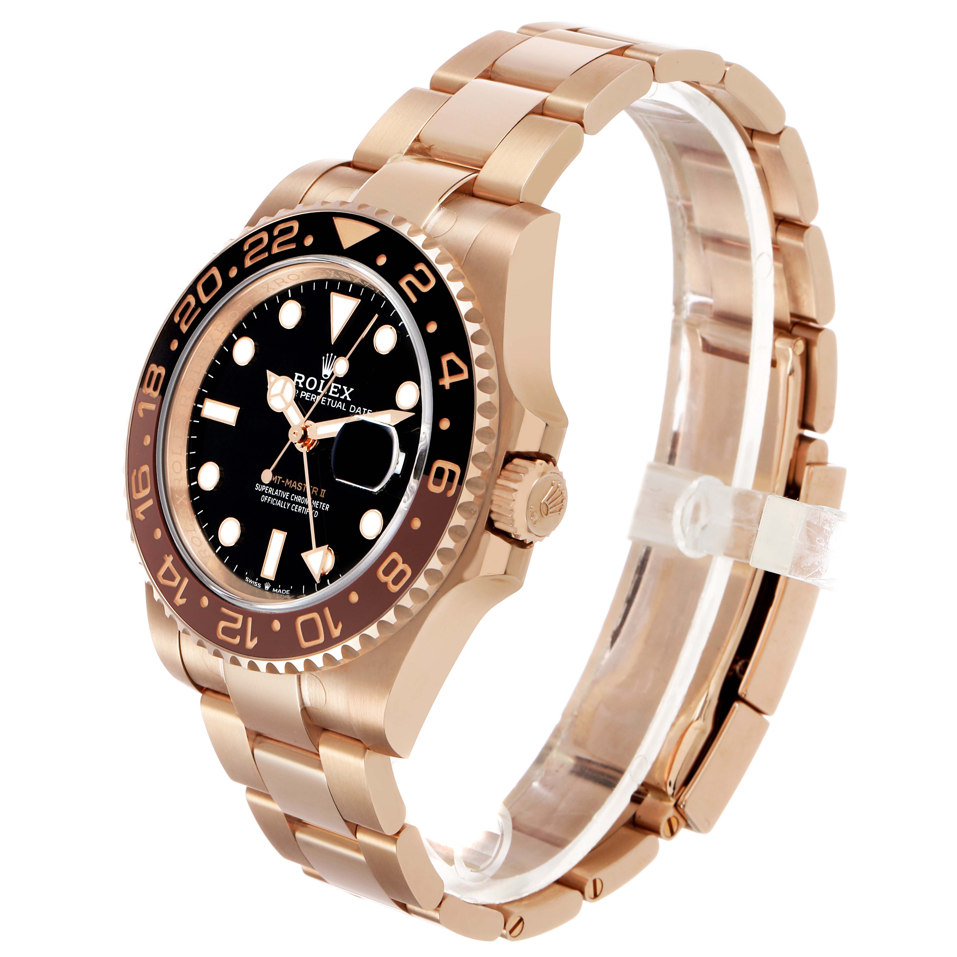 The Rolex GMT-Master 126715 Men's Rose Gold Black Dial watch is shown at an angled side view, displaying the face, bezel, crown, and bracelet.