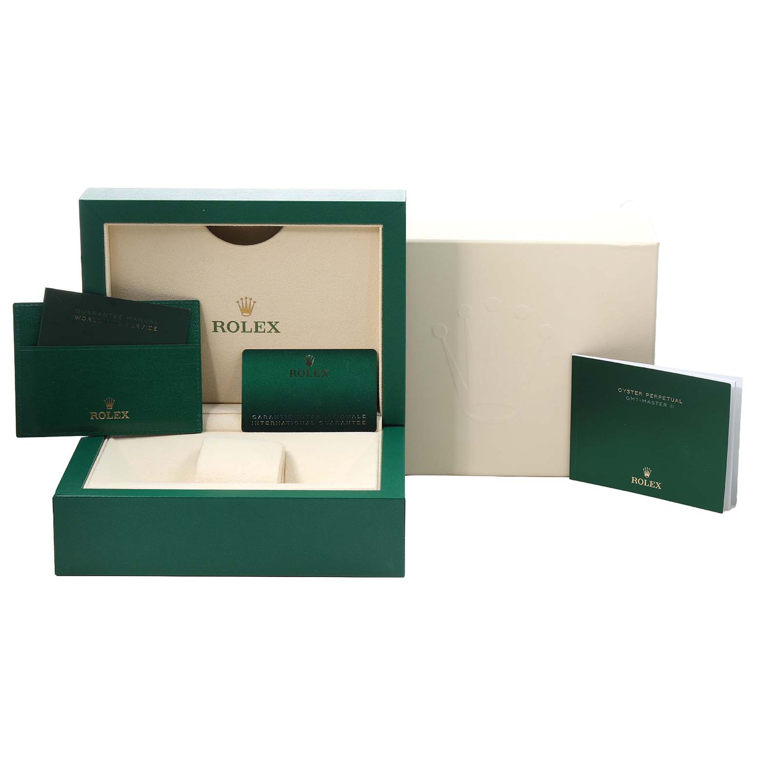 The image shows Rolex GMT-Master 126715 Men's Rose Gold Black Dial watch accessories including a box, warranty card, holders, and manual from a frontal angle.