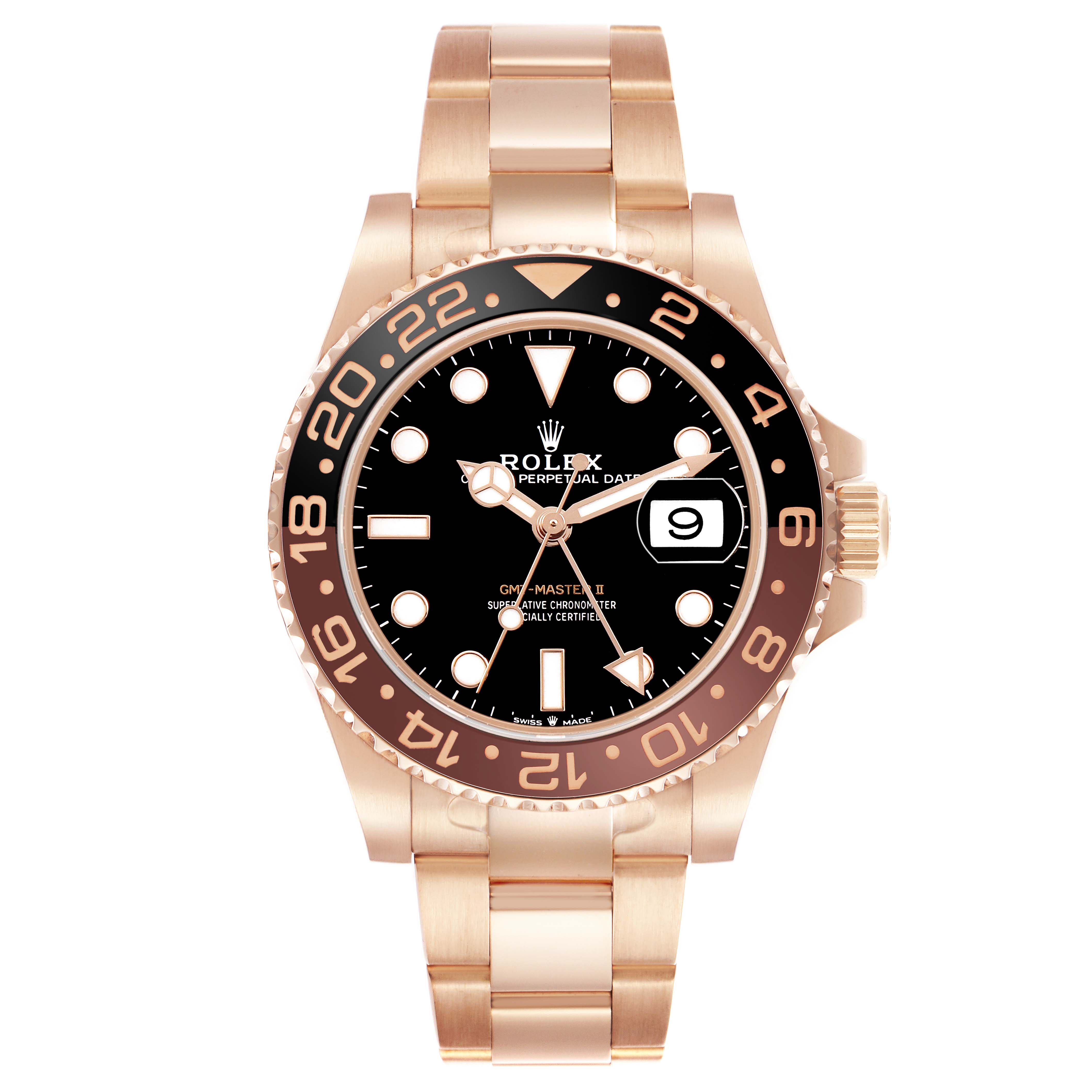 The Rolex GMT-Master 126715 Men's Rose Gold Black Dial watch is shown from the front, highlighting the bezel, dial, hands, and bracelet.