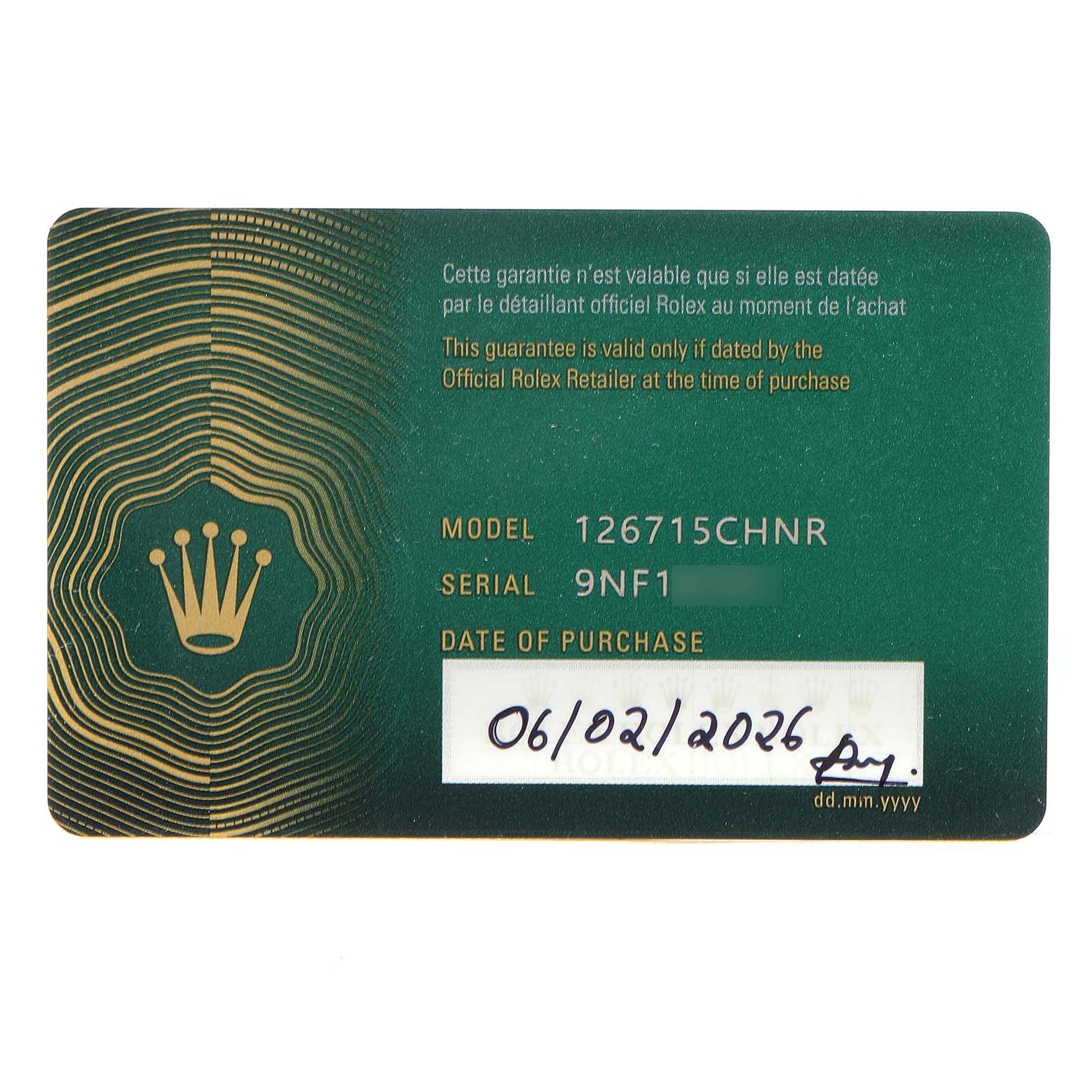 The image shows a warranty card for the Rolex GMT-Master 126715 Men's Rose Gold Black Dial model, displaying the model and serial numbers.