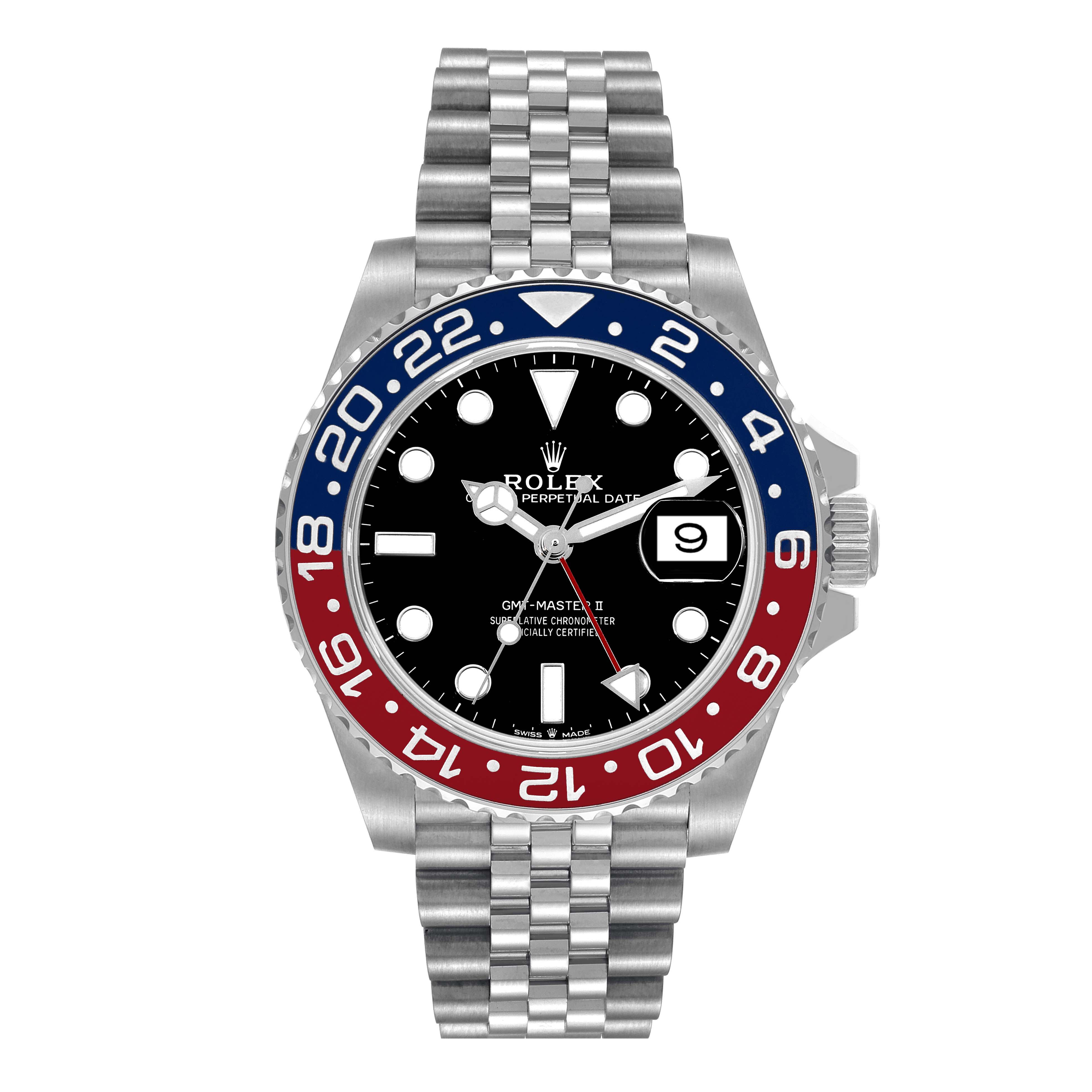 The image shows a frontal view of the Rolex GMT-Master 126710BLRO Men
s Stainless Steel Black Dial 126710BLRO Men
s Stainless Steel Black Dial II watch, highlighting its bezel, dial, hands, and bracelet.