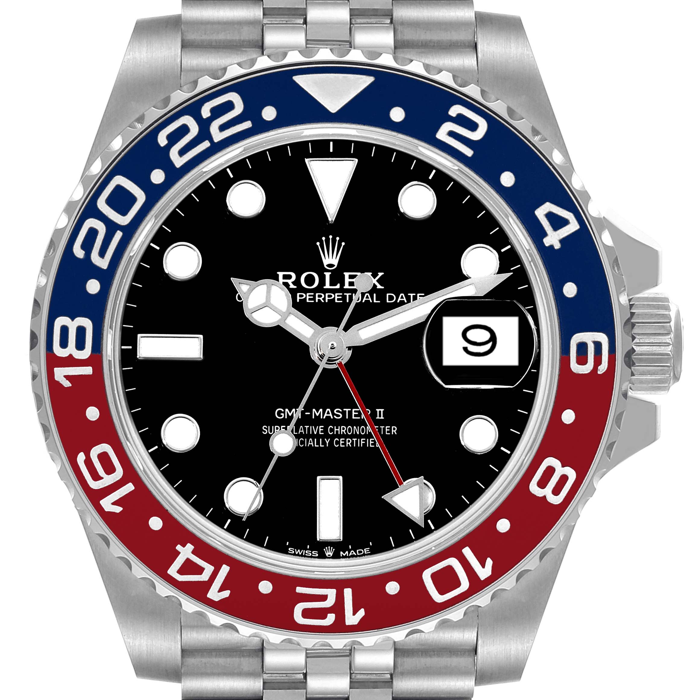 The image shows a front view of the Rolex GMT-Master 126710BLRO Men
s Stainless Steel Black Dial 126710BLRO Men
s Stainless Steel Black Dial II watch, highlighting its bezel, dial, and bracelet.