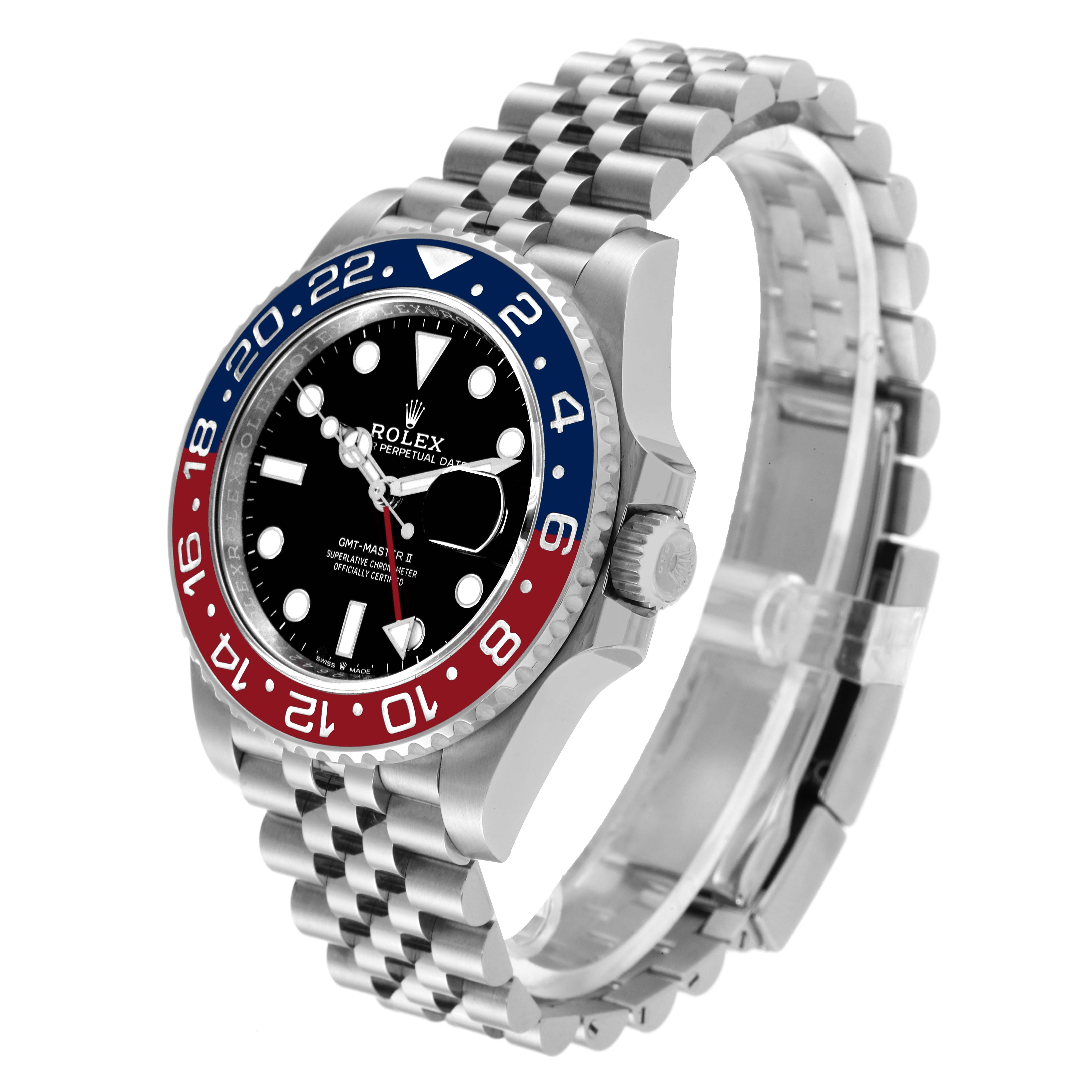 The image shows a Rolex GMT-Master 126710BLRO Men
s Stainless Steel Black Dial 126710BLRO Men
s Stainless Steel Black Dial watch at an angle highlighting the bezel, black dial, and partial Oyster bracelet.