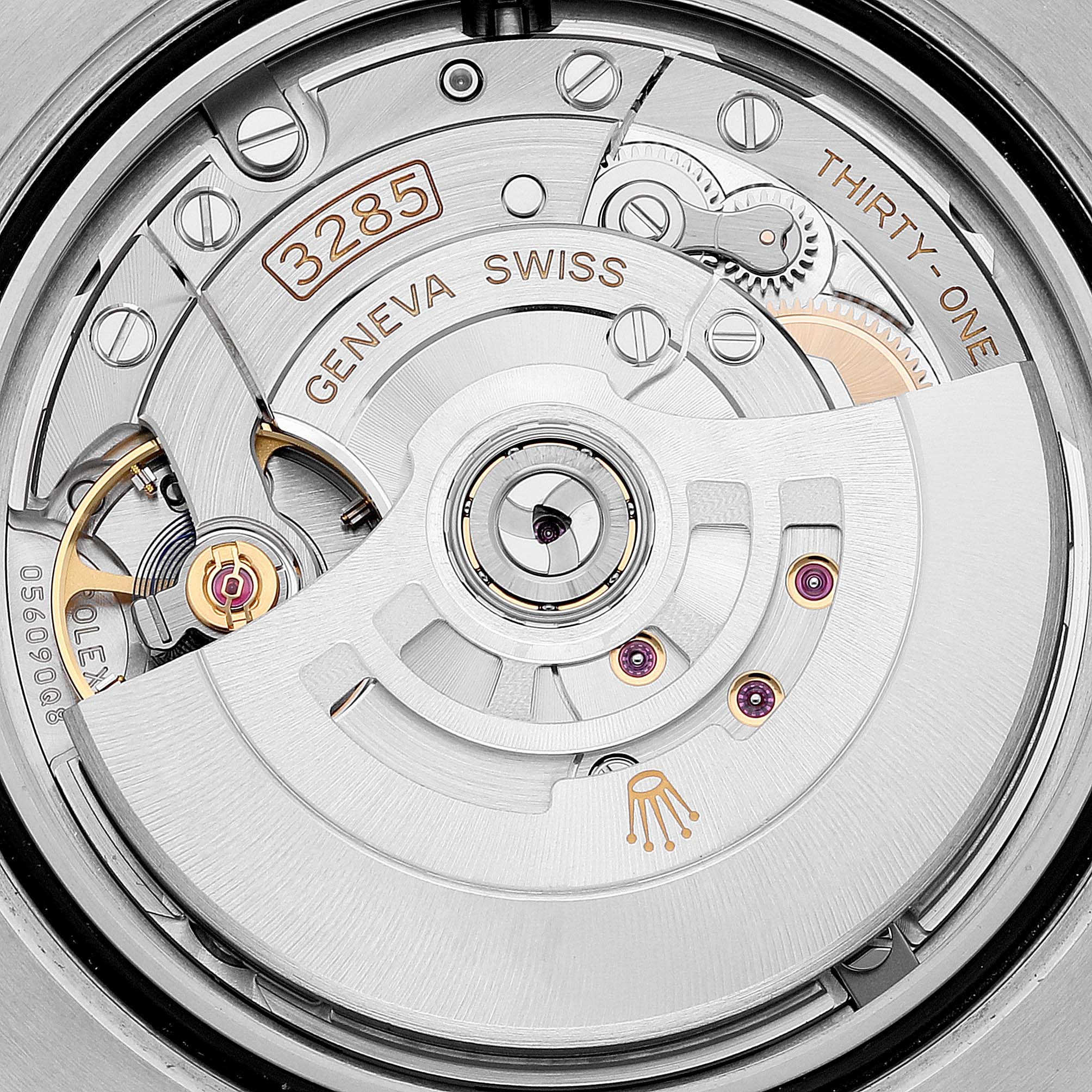 The image shows the movement mechanism of a Rolex GMT-Master 126710BLRO Men
s Stainless Steel Black Dial 126710BLRO Men
s Stainless Steel Black Dial model, highlighting the caliber 3285.
