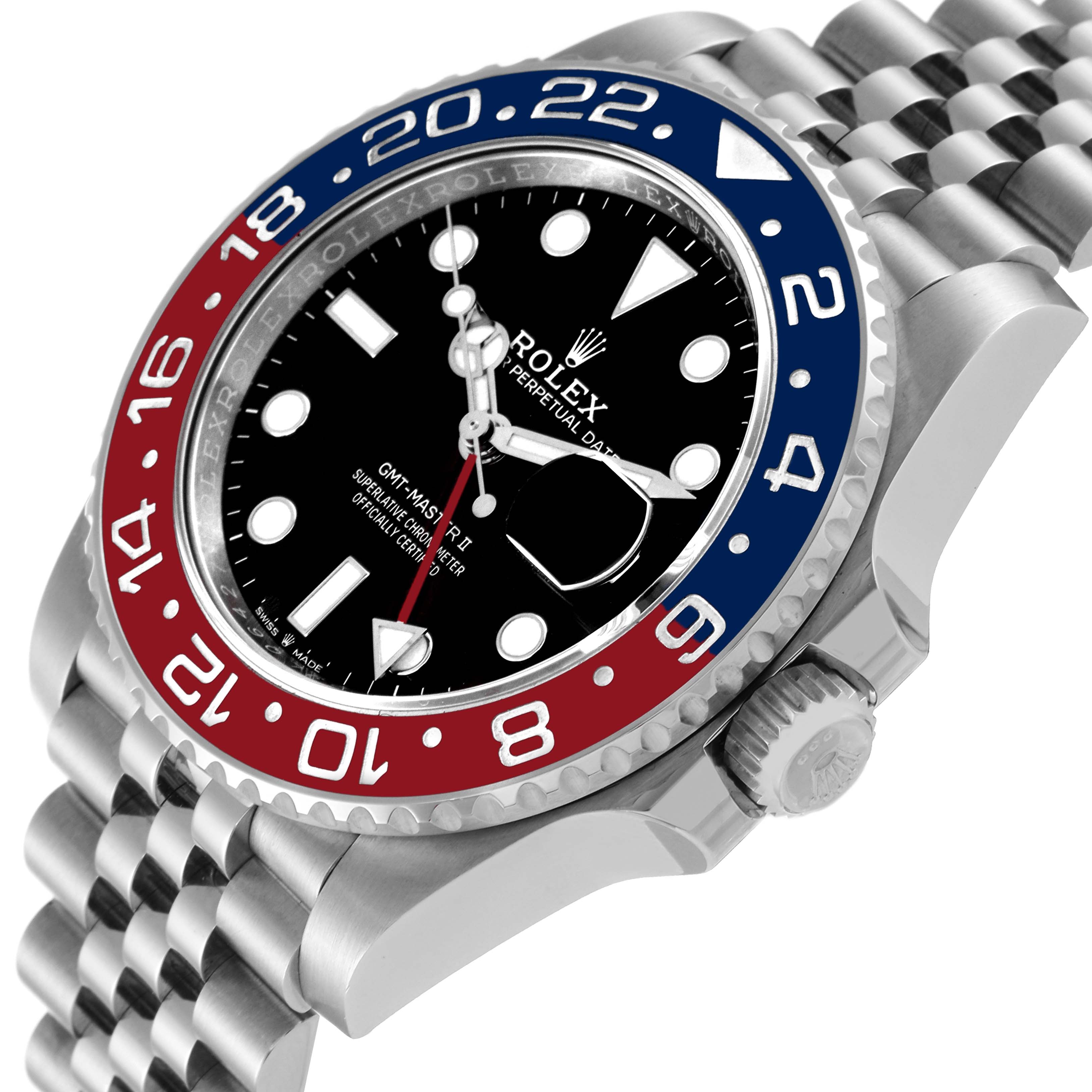 The image shows a Rolex GMT-Master 126710BLRO Men
s Stainless Steel Black Dial 126710BLRO Men
s Stainless Steel Black Dial II watch at an angled close-up, highlighting the bezel, face, crown, and part of the Jubilee bracelet.