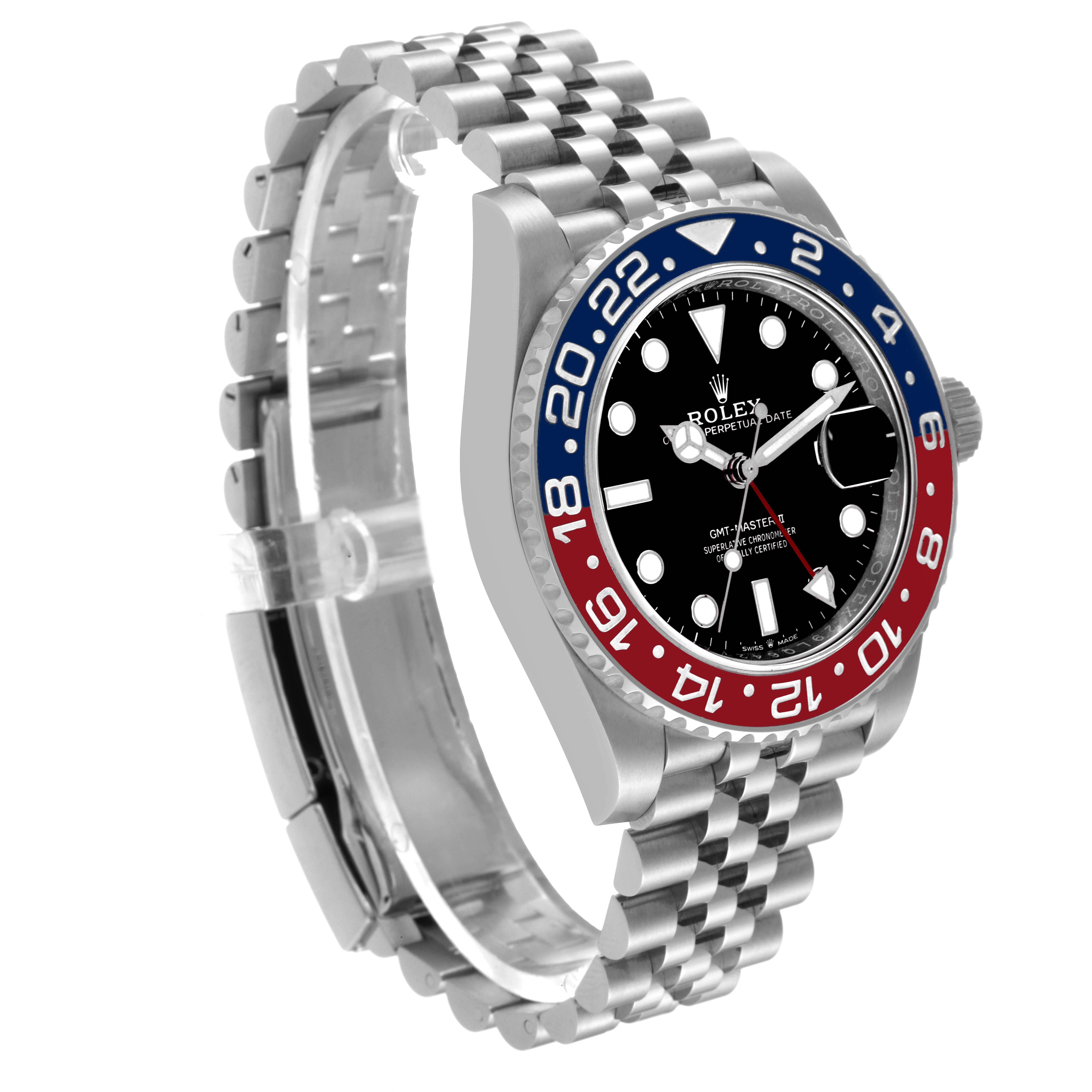 The Rolex GMT-Master 126710BLRO Men
s Stainless Steel Black Dial 126710BLRO Men
s Stainless Steel Black Dial watch is shown at an angle highlighting the bezel, dial, bracelet, and crown.