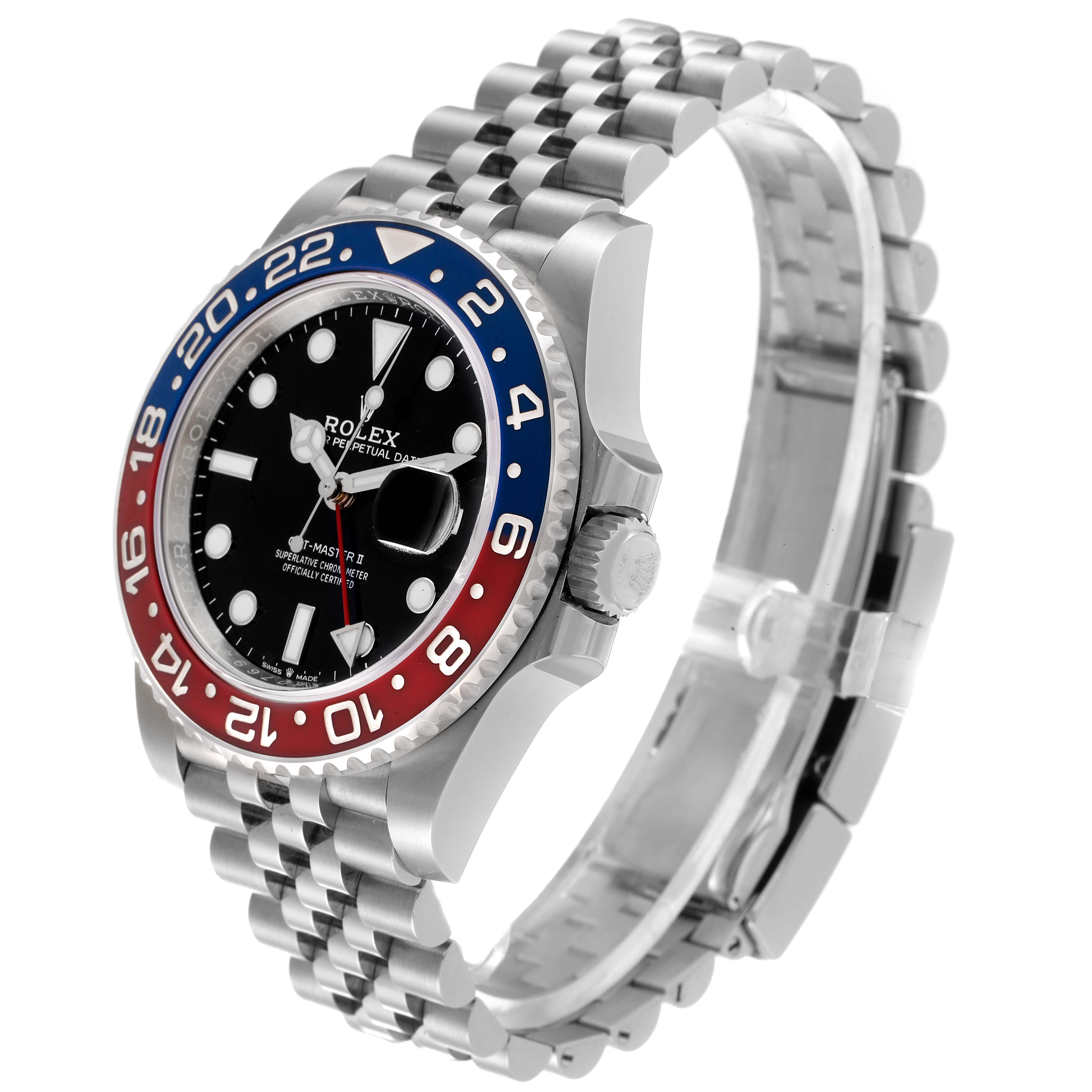 The image shows a Rolex GMT-Master 126710BLRO Men
s Stainless Steel Black Dial 126710BLRO Men
s Stainless Steel Black Dial watch at a slight angle displaying the bezel, dial, bracelet, and crown.