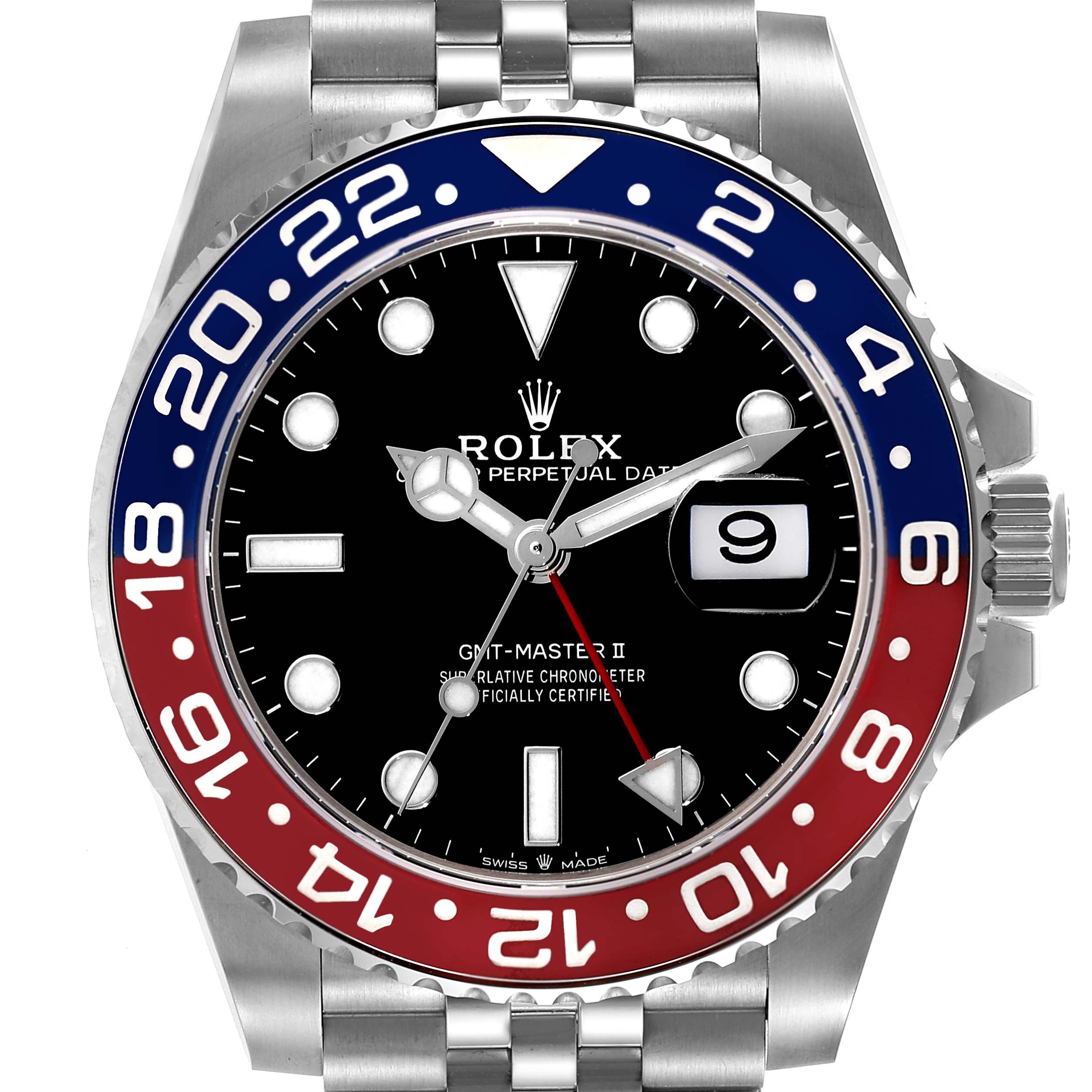 The image shows a front view of the Rolex GMT-Master 126710BLRO Men
s Stainless Steel Black Dial 126710BLRO Men
s Stainless Steel Black Dial II watch, featuring a black dial, red and blue bezel, and stainless steel bracelet.