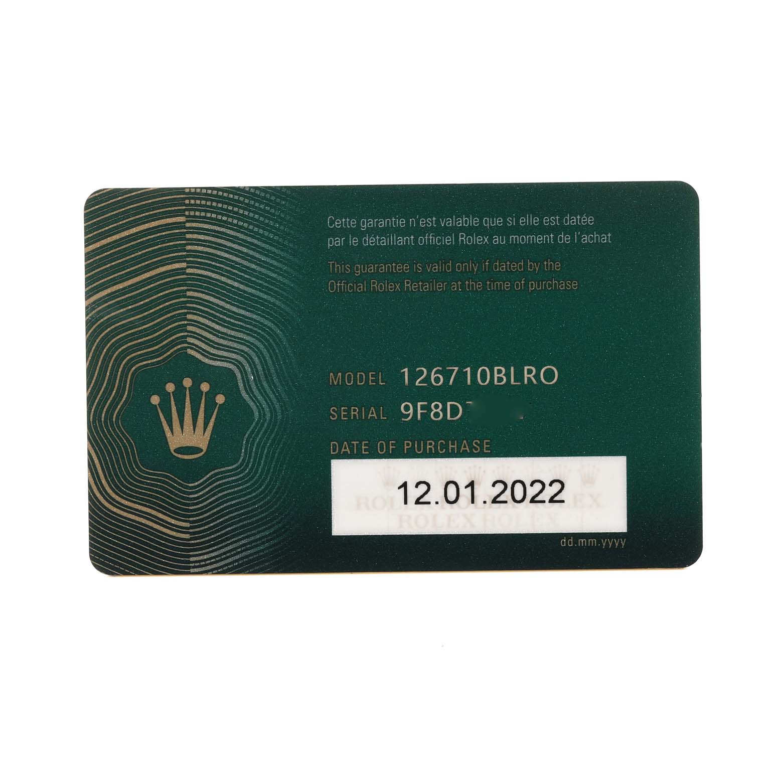 This image shows the warranty card for a Rolex GMT-Master 126710BLRO Men
s Stainless Steel Black Dial 126710BLRO Men
s Stainless Steel Black Dial model 126710BLRO with a purchase date of 12.01.2022.