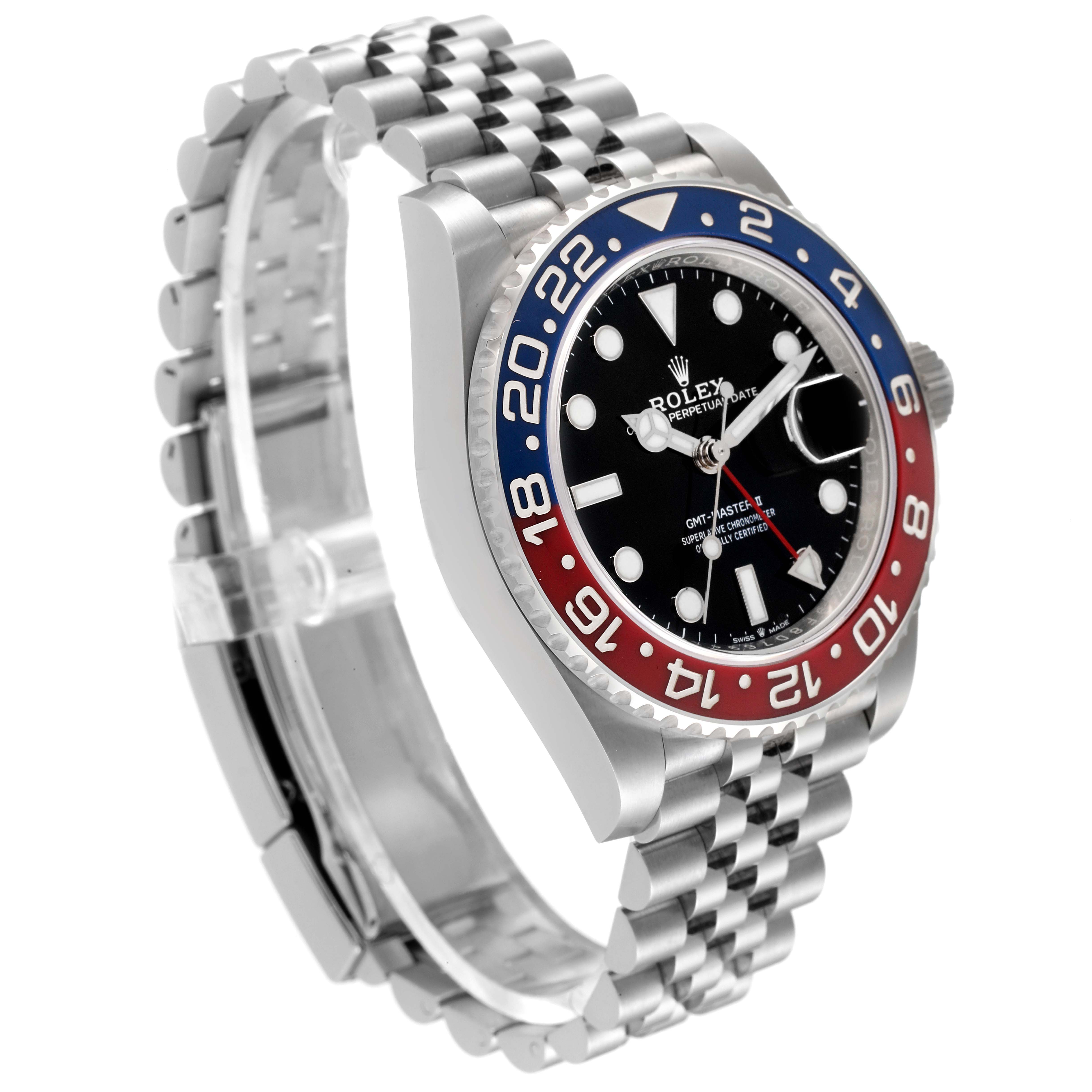 The image shows a side angle of the Rolex GMT-Master 126710BLRO Men
s Stainless Steel Black Dial 126710BLRO Men
s Stainless Steel Black Dial watch, highlighting the bezel, dial, crown, and bracelet.