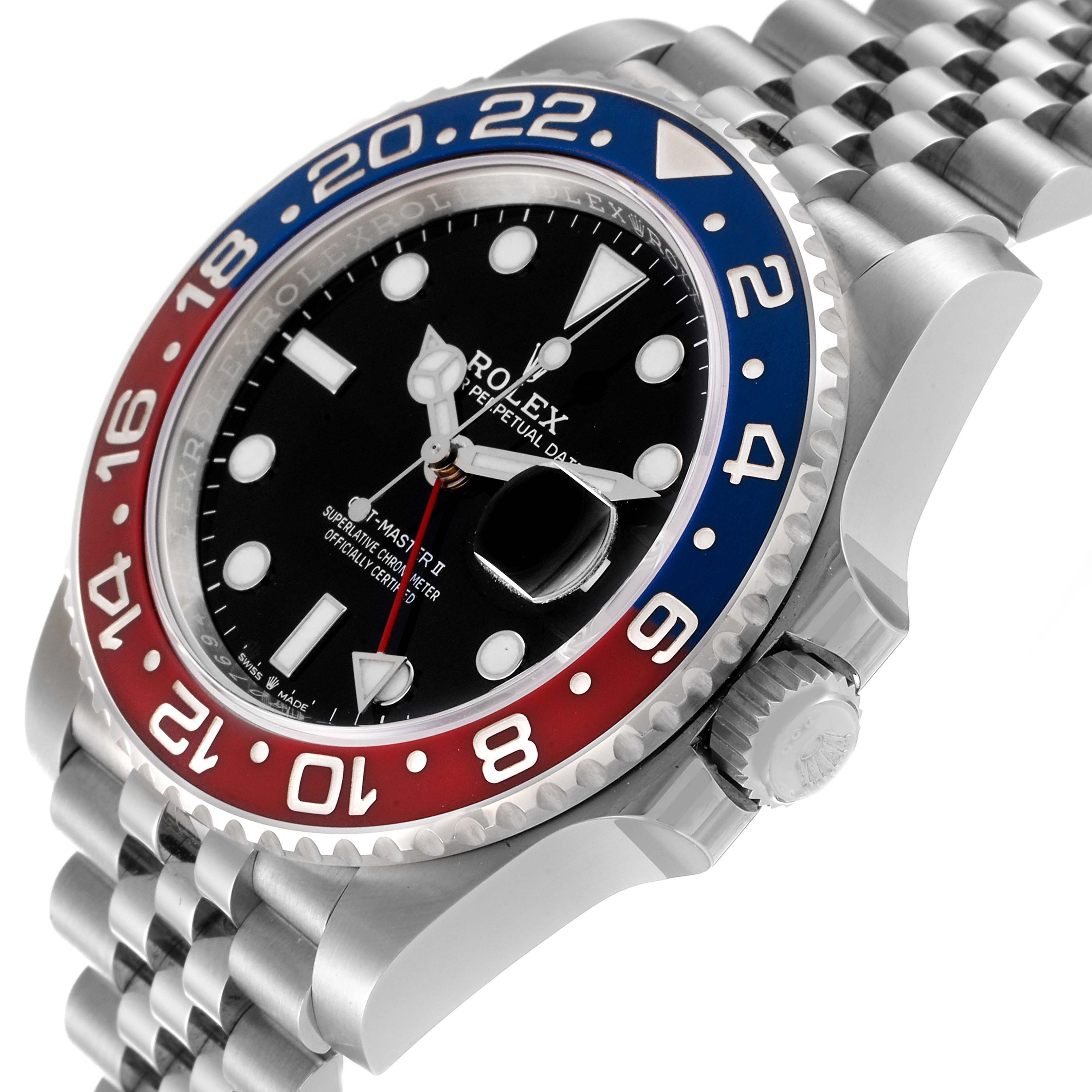This image shows the Rolex GMT-Master 126710BLRO Men
s Stainless Steel Black Dial 126710BLRO Men
s Stainless Steel Black Dial watch at an angle highlighting the watch face, bezel, crown, and part of the bracelet.