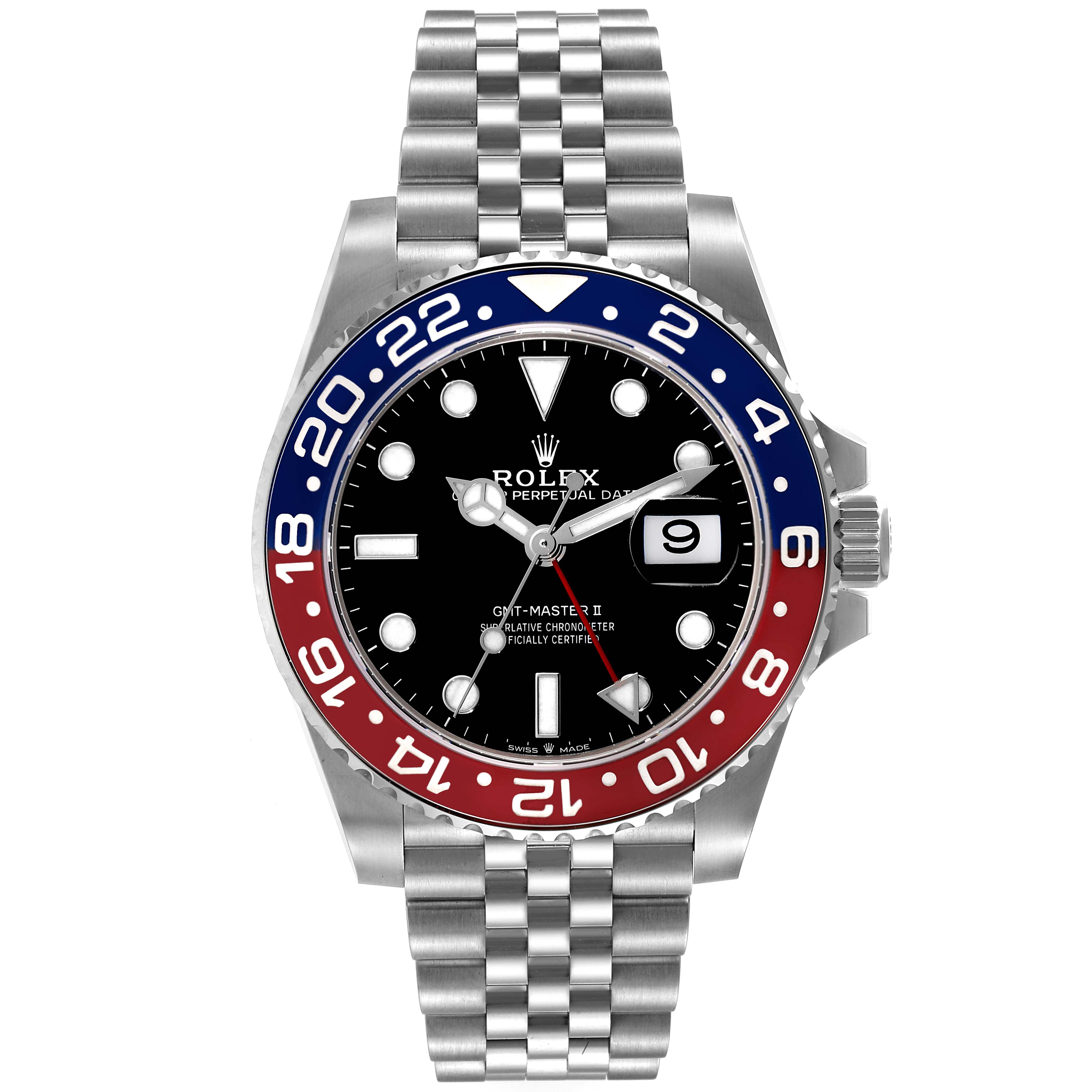 The image shows a front view of the Rolex GMT-Master 126710BLRO Men
s Stainless Steel Black Dial 126710BLRO Men
s Stainless Steel Black Dial watch, featuring a red and blue bezel, black dial, and Jubilee bracelet.