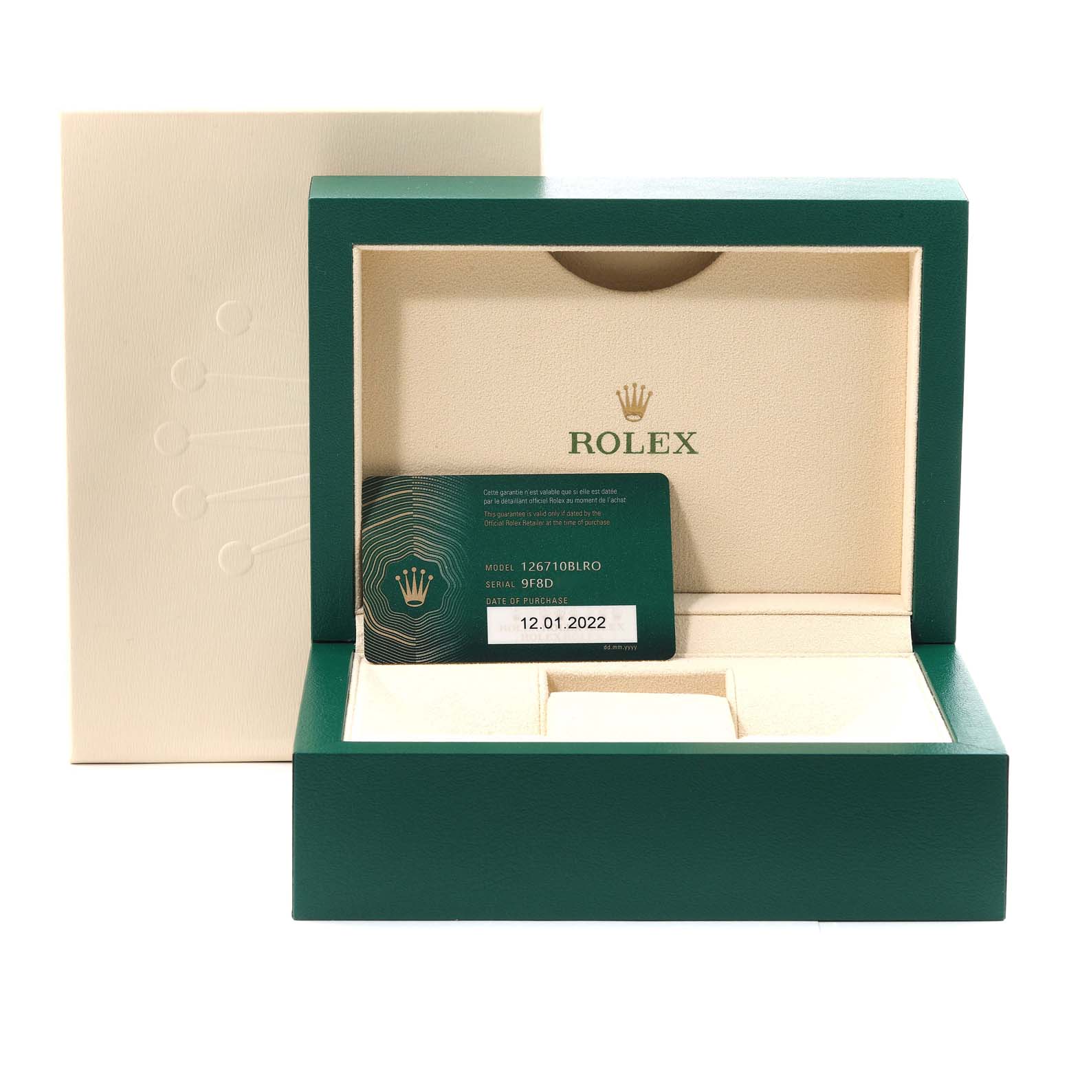 This image shows the empty box and warranty card of a Rolex GMT-Master 126710BLRO Men
s Stainless Steel Black Dial 126710BLRO Men
s Stainless Steel Black Dial model, taken from the front angle.