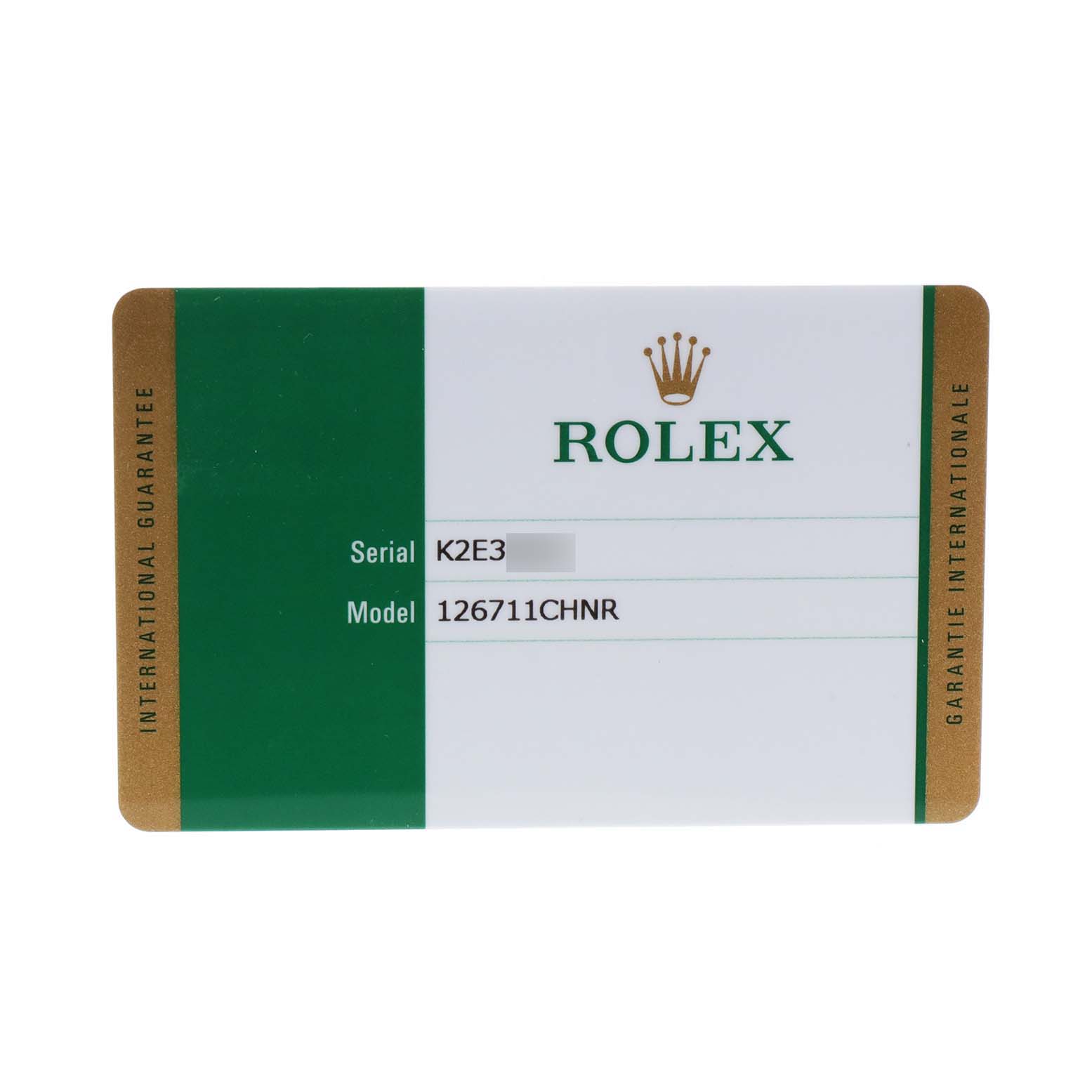 The image shows the international guarantee card for a Rolex GMT-Master 126711CHNR Men's Steel and Gold (two tone) Black Dial 126711CHNR Men's Steel and Gold (two tone) Black Dial model 126711CHNR.