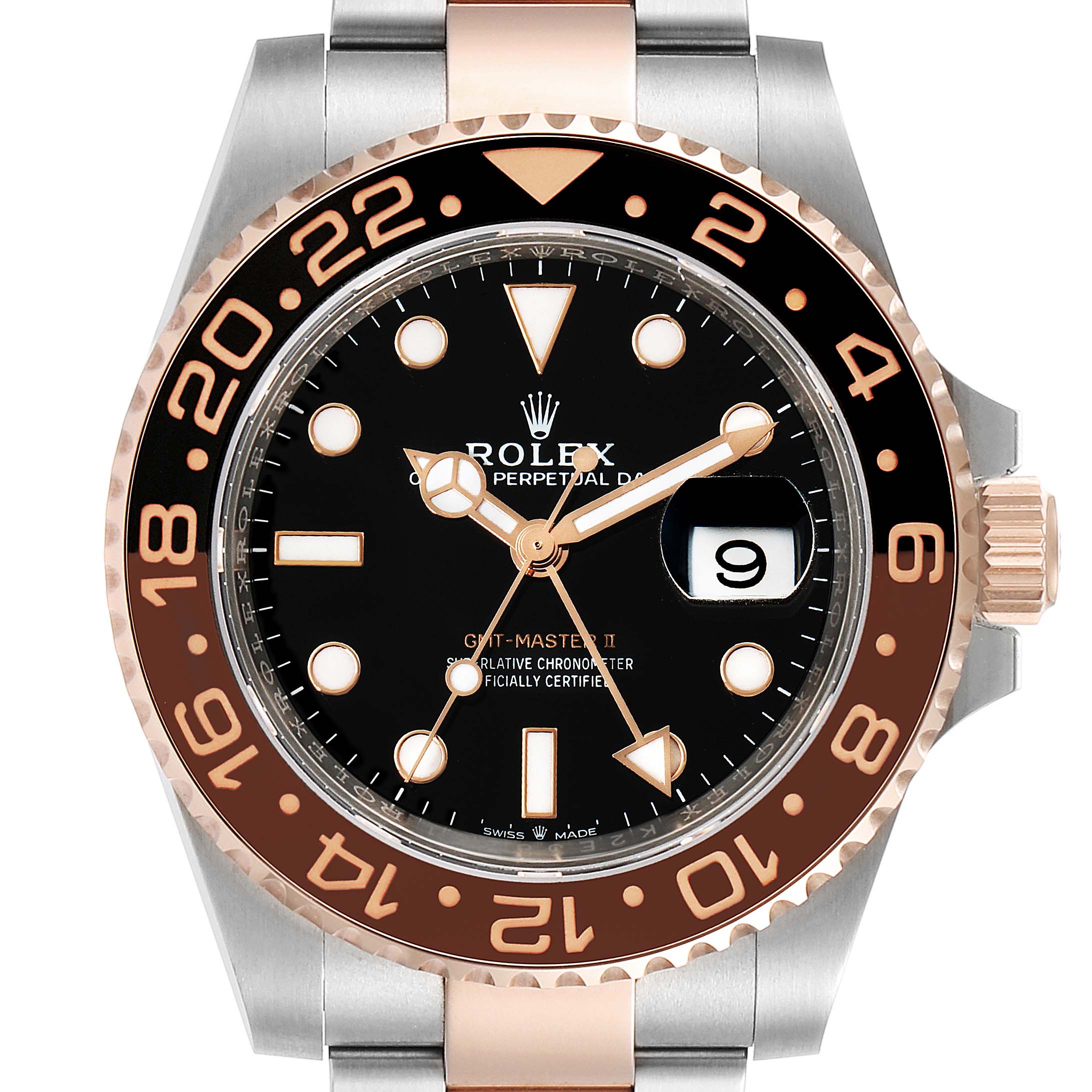 The image shows the front angle of a Rolex GMT-Master 126711CHNR Men's Steel and Gold (two tone) Black Dial 126711CHNR Men's Steel and Gold (two tone) Black Dial II, highlighting its dial, bezel, and part of the bracelet.