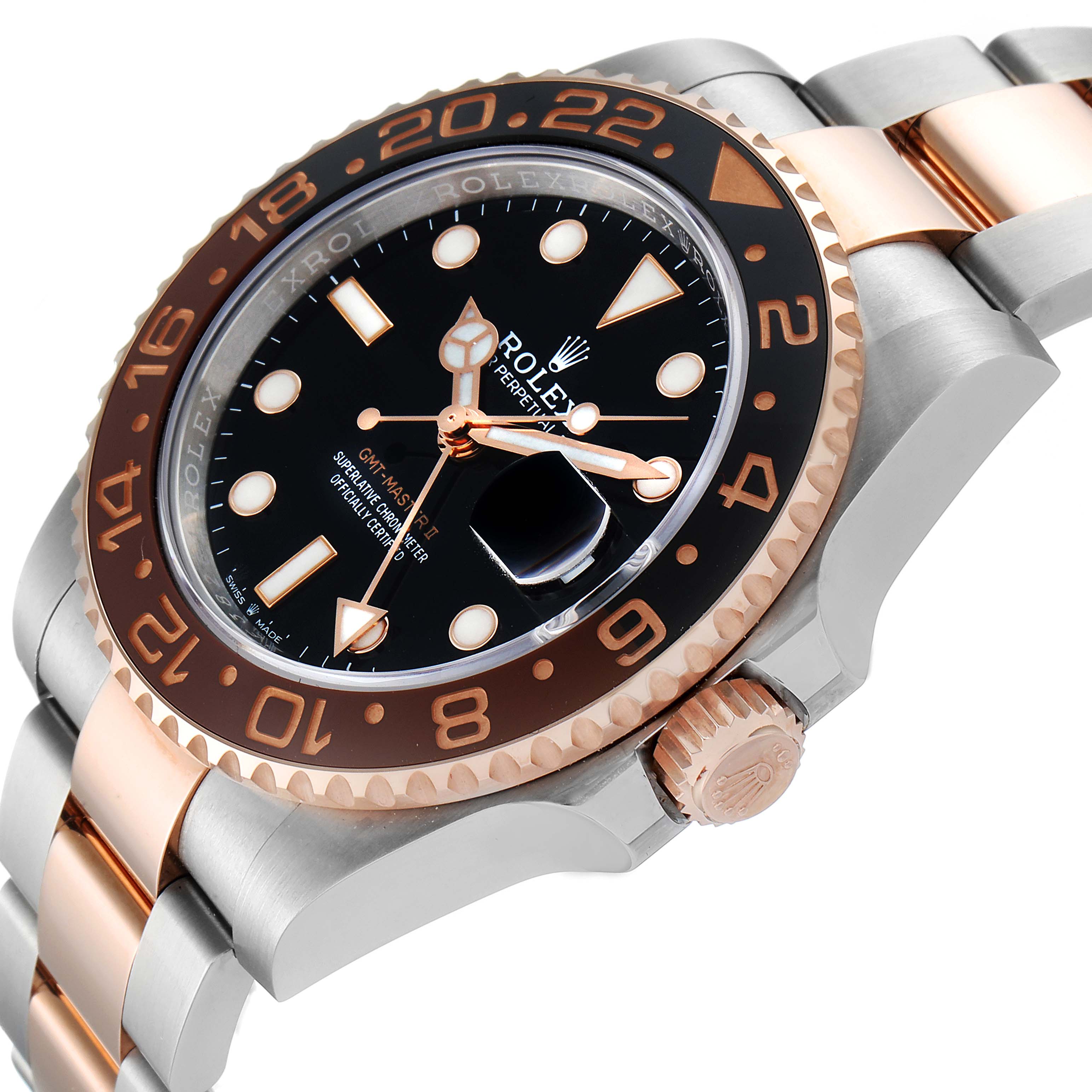 The image shows a close-up angle of a Rolex GMT-Master 126711CHNR Men's Steel and Gold (two tone) Black Dial 126711CHNR Men's Steel and Gold (two tone) Black Dial watch, highlighting the face, bezel, crown, and part of the bracelet.