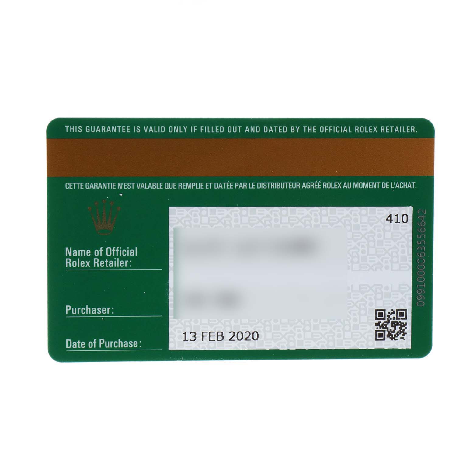 This image shows the guarantee card for a Rolex GMT-Master 126711CHNR Men's Steel and Gold (two tone) Black Dial 126711CHNR Men's Steel and Gold (two tone) Black Dial watch, featuring the purchase date and official retailer information.