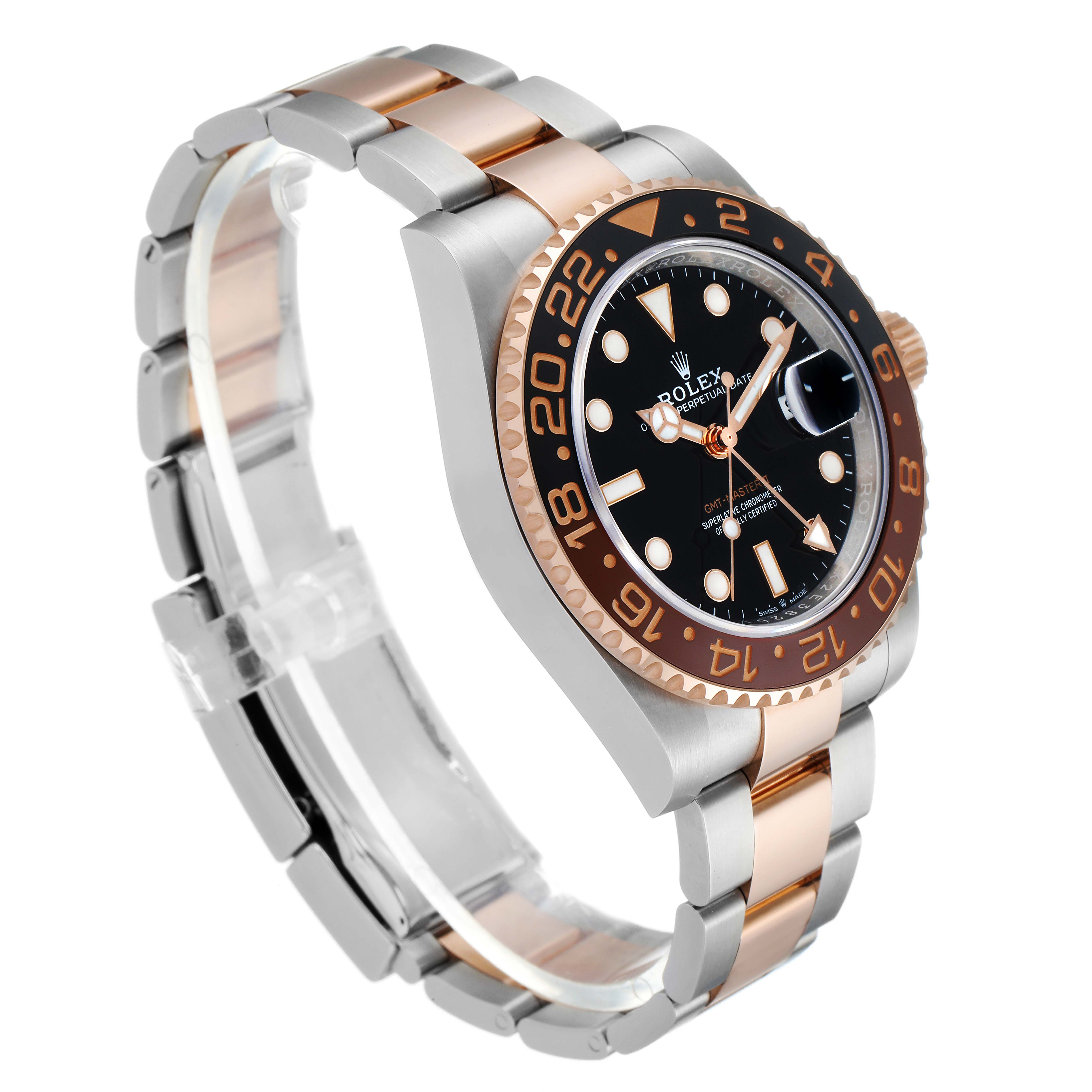 This Rolex GMT-Master 126711CHNR Men's Steel and Gold (two tone) Black Dial 126711CHNR Men's Steel and Gold (two tone) Black Dial watch is shown at an angle highlighting its face, bezel, crown, and two-tone bracelet.