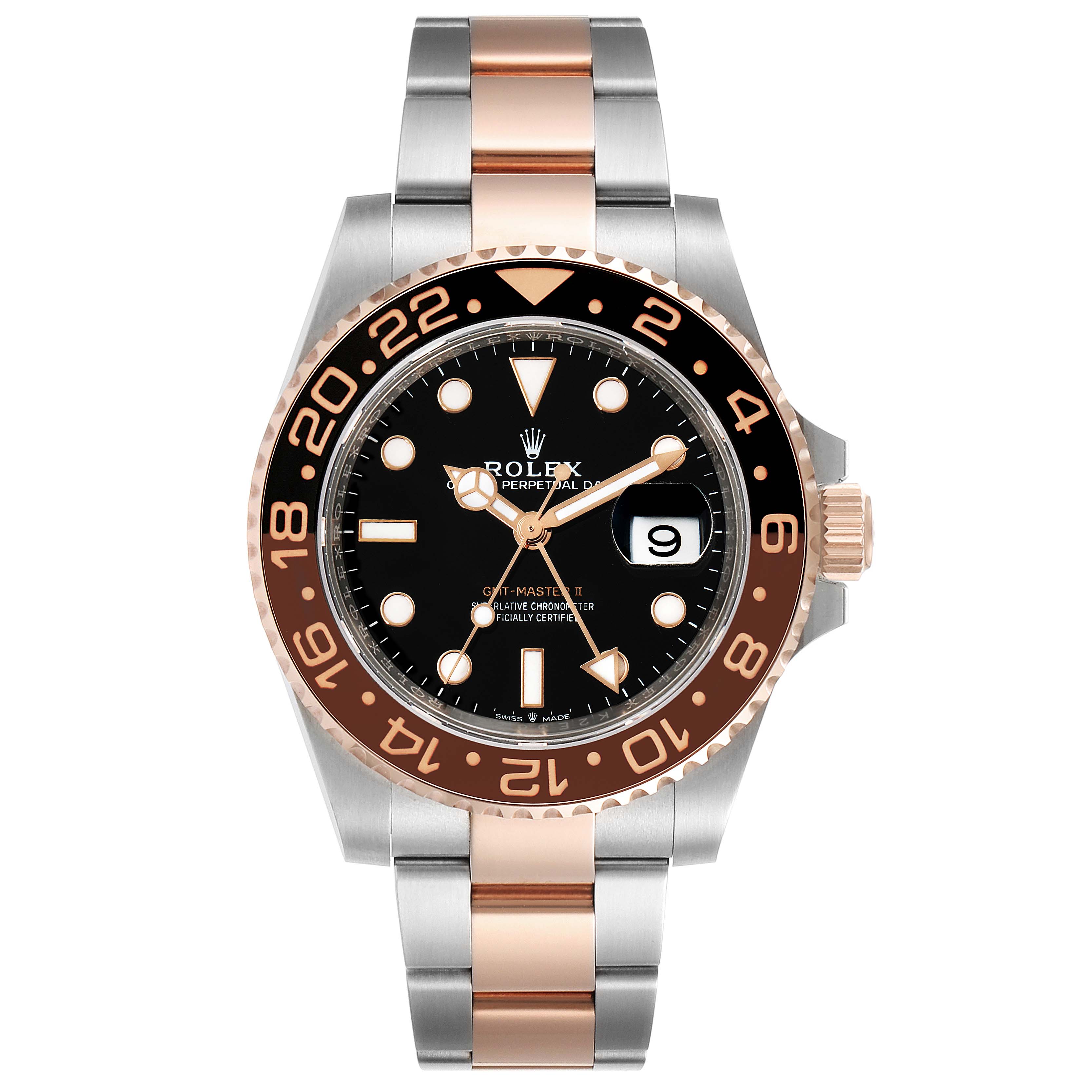 This image shows the front view of a Rolex GMT-Master 126711CHNR Men's Steel and Gold (two tone) Black Dial 126711CHNR Men's Steel and Gold (two tone) Black Dial watch, including the face, bezel, crown, and bracelet.