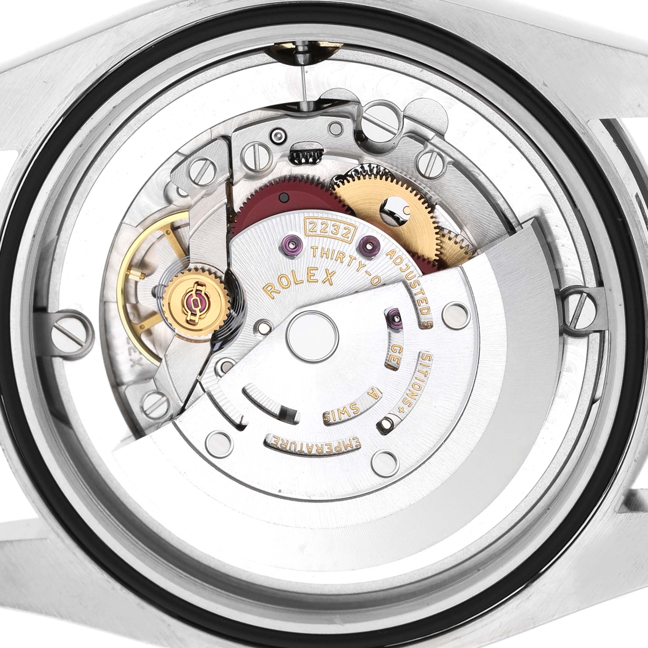 The image shows the back view of a Rolex Oyster Perpetual 124200 Men's Stainless Steel Pink Dial, highlighting its internal movement mechanics.