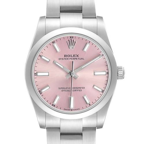 The image shows a front view of the Rolex Oyster Perpetual 124200 Men's Stainless Steel Pink Dial watch, highlighting its pink dial and stainless steel bracelet.